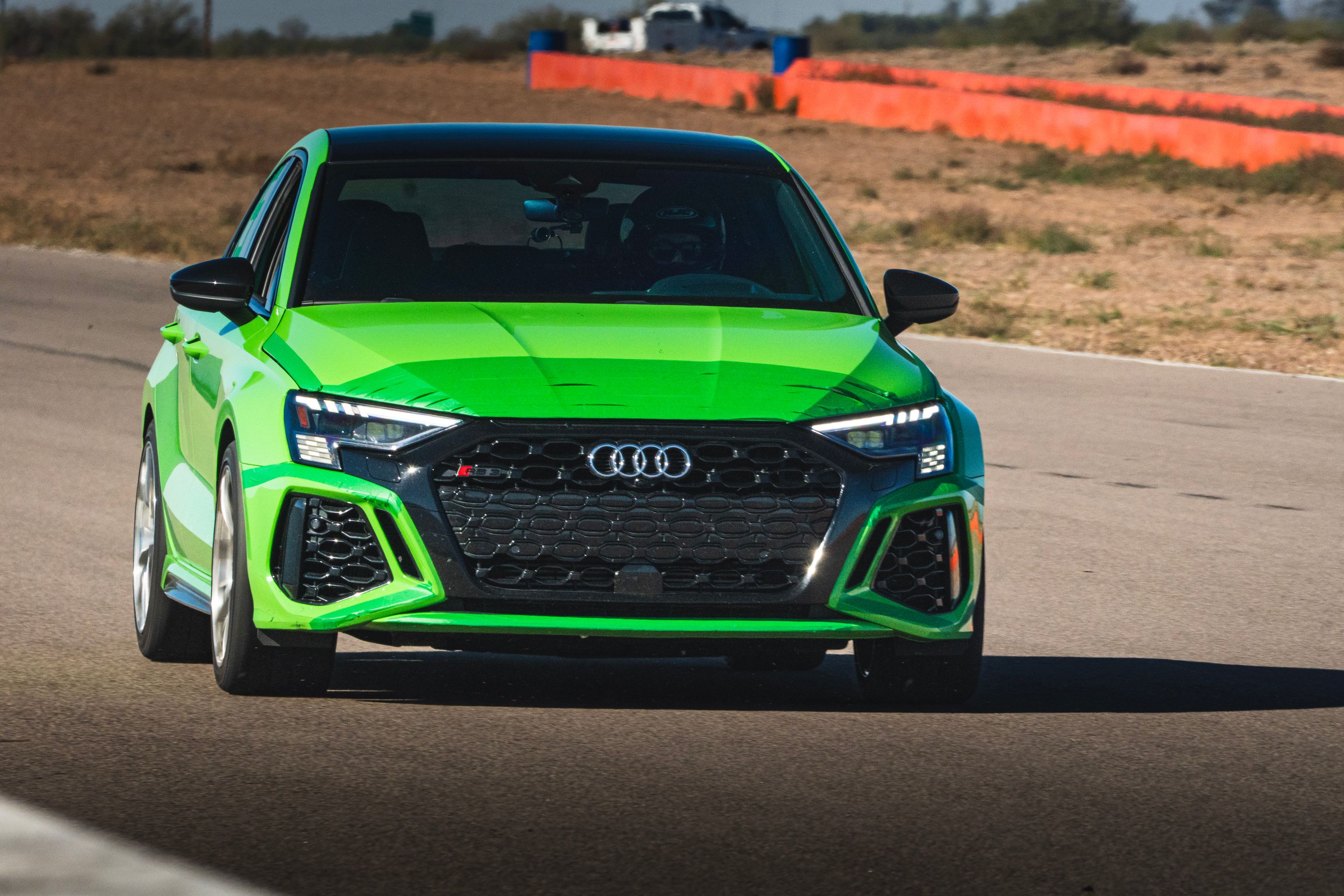 Green Audi 8Y RS 3 with 18" VS-5RS Apex wheels in Brushed Clear