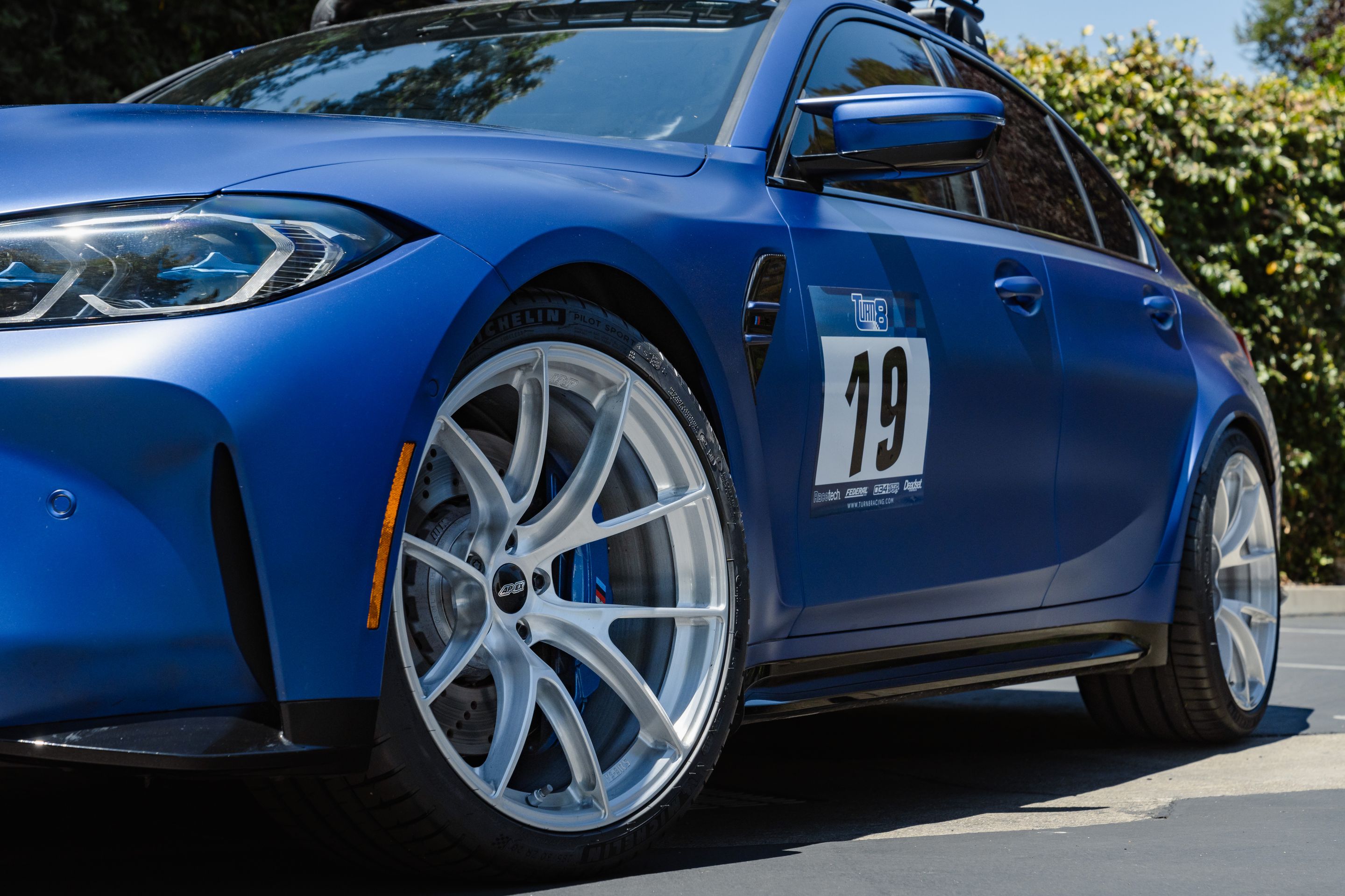 Blue BMW G80 M3 with 20" VS-5RS Apex wheels in Brushed Clear