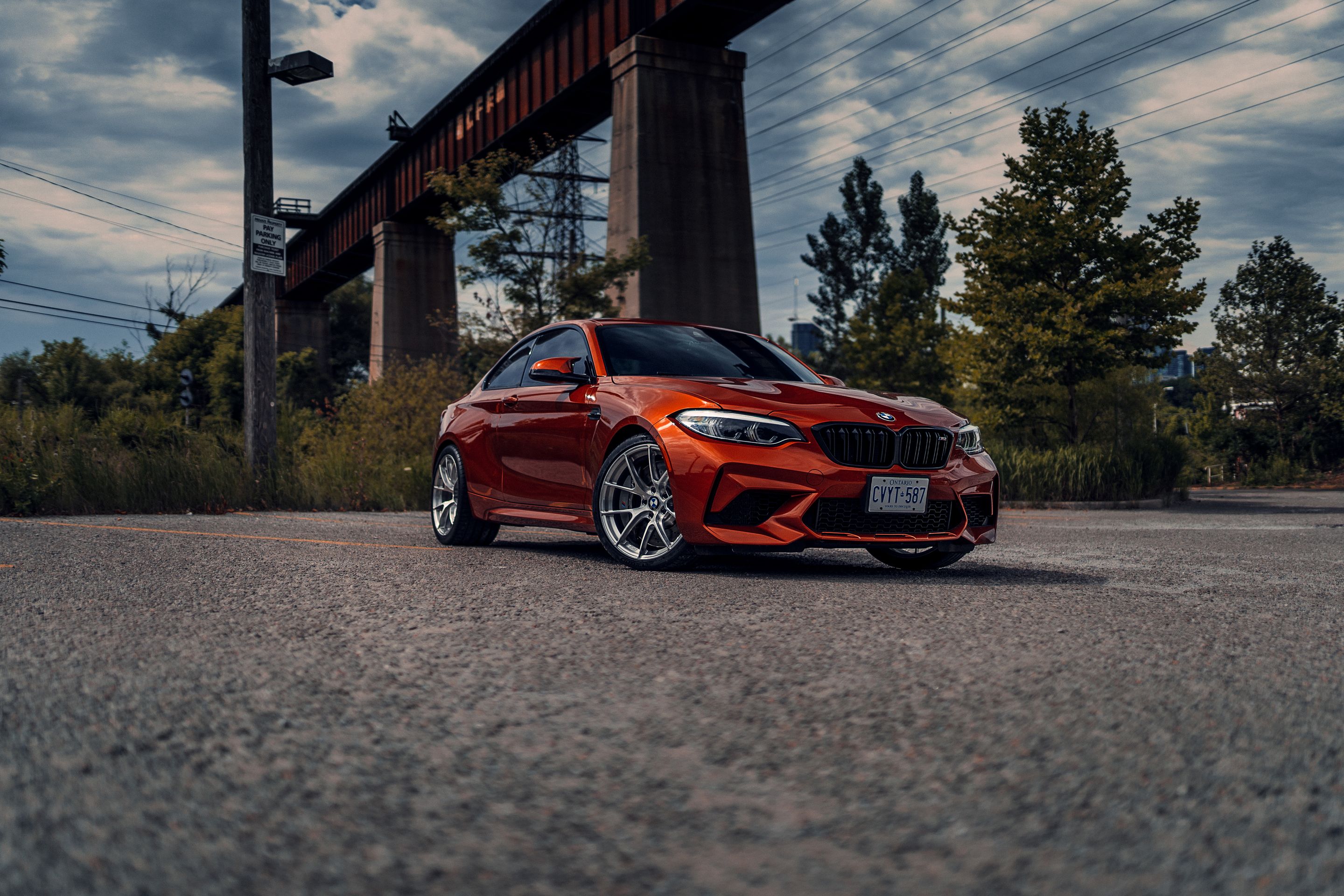 Orange BMW F87 M2 with 19" VS-5RS Apex wheels in Brushed Clear