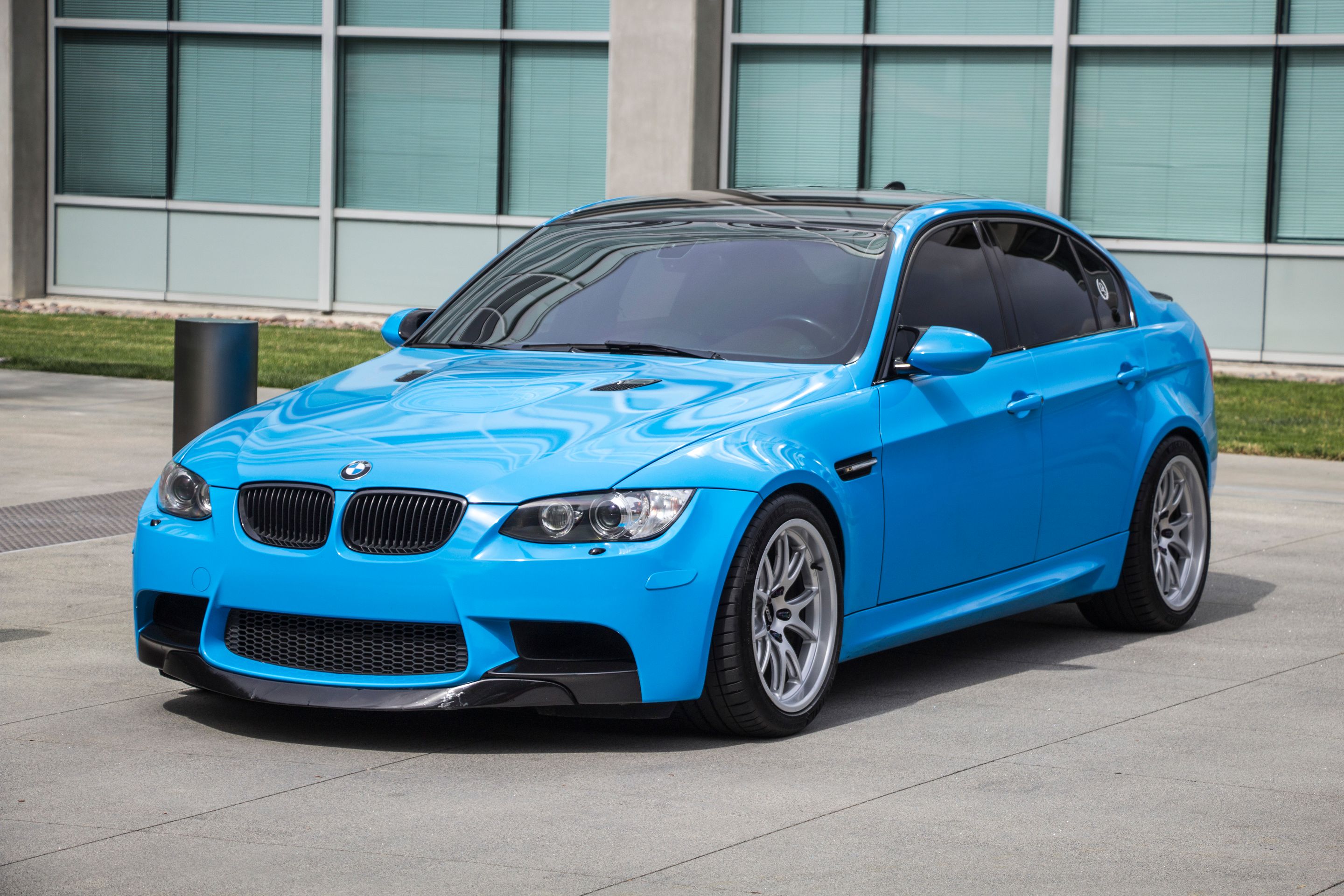 Blue BMW E90 Sedan M3 with 18" FL-5 Apex wheels in Race Silver