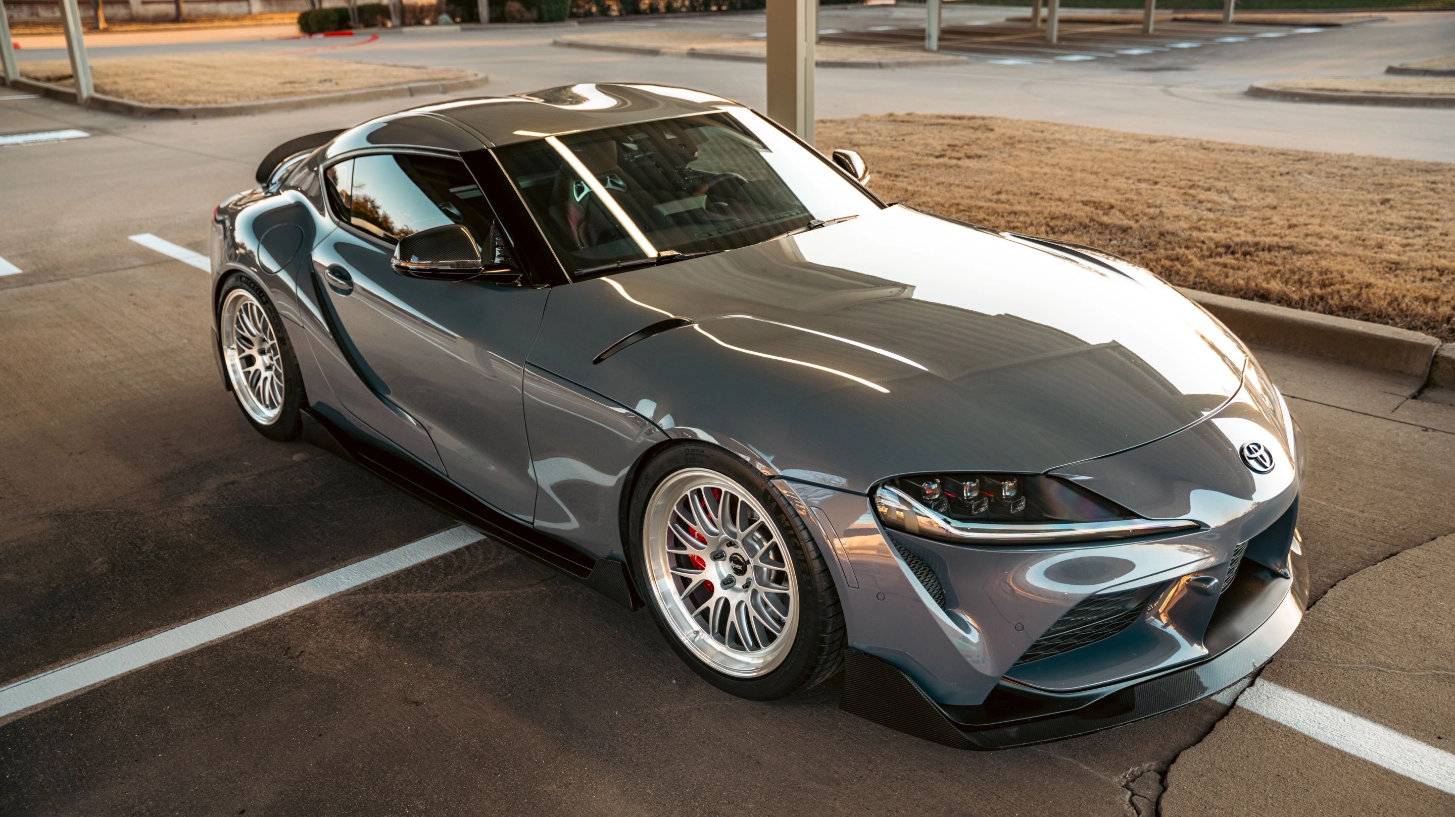 Grey Toyota GR Supra with 19" ML-10RT Apex wheels in Machined Lip Race Silver