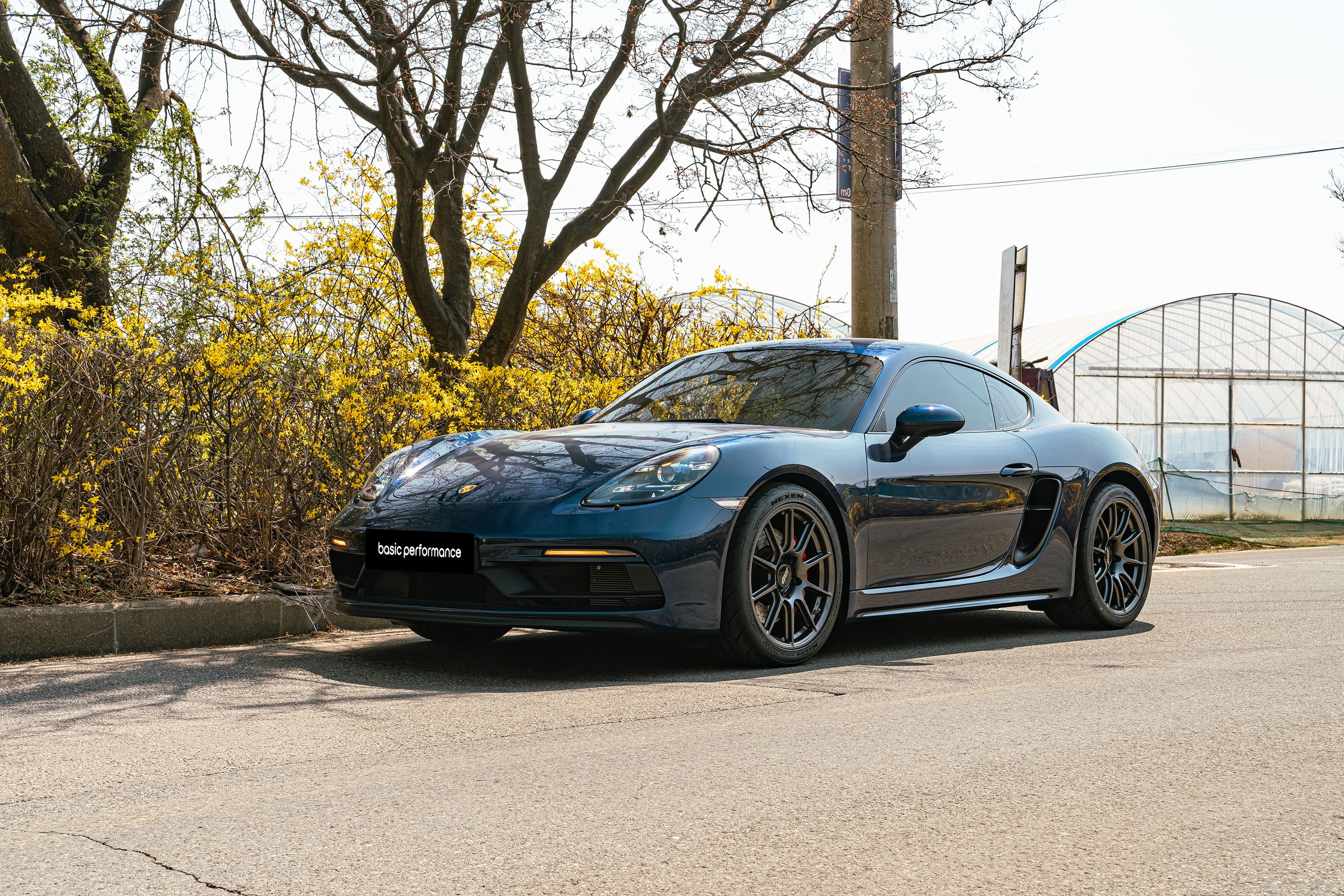 Blue Porsche 718 Cayman GTS 4.0L with 19" SM-10 Apex wheels in Anthracite
