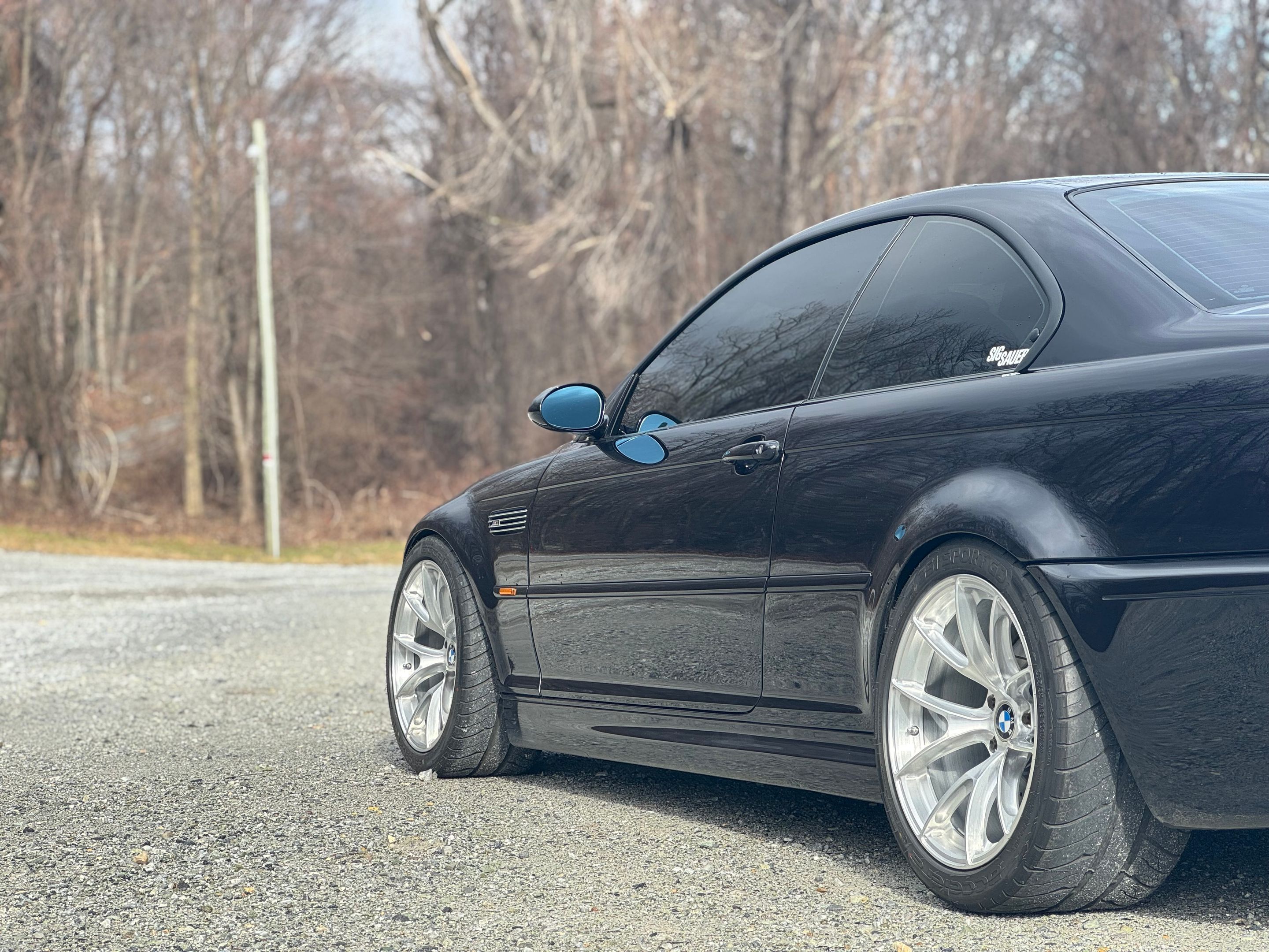 Black BMW E46 M3 with 18" VS-5RS Apex wheels in Brushed Clear