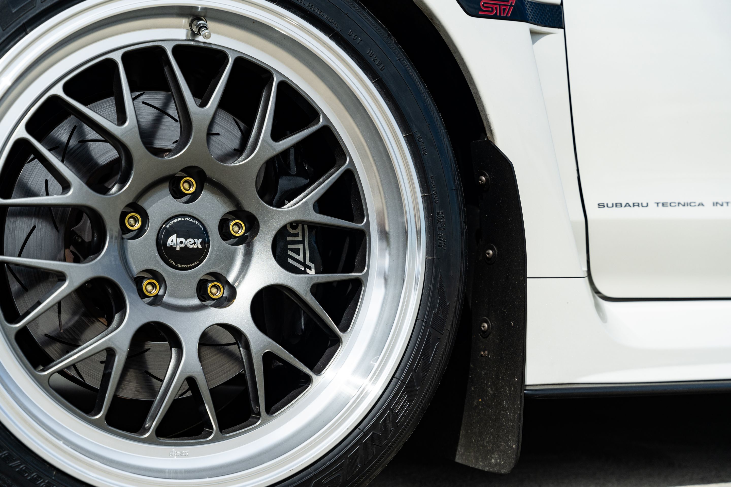 White Subaru VA WRX STI with 18" ML-10RT Apex wheels in Machined Lip Anthracite