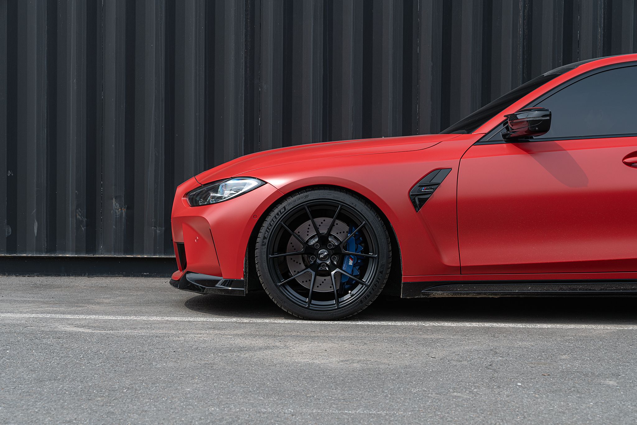 Red BMW G80 M3 with 20" VS-5RS Apex wheels in Satin Black