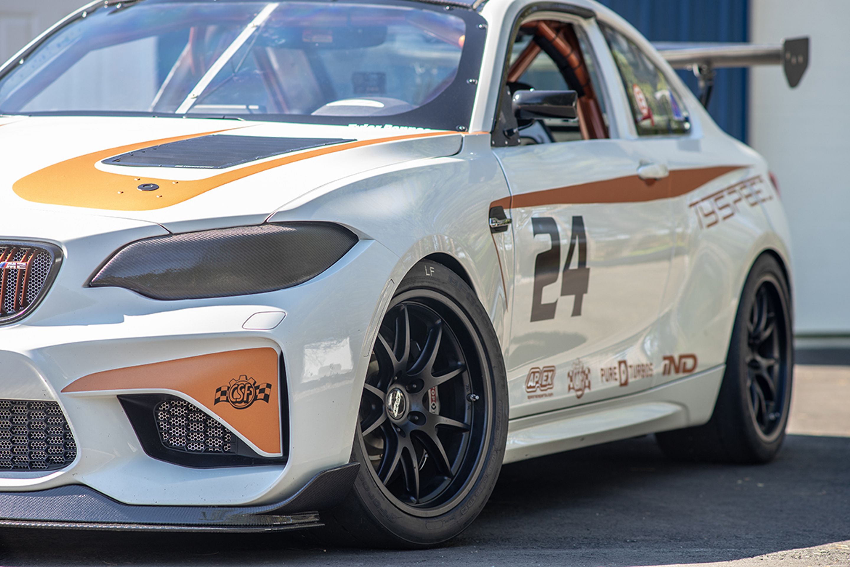 White BMW F87 M2 with 18" FL-5 Apex wheels in Satin Black