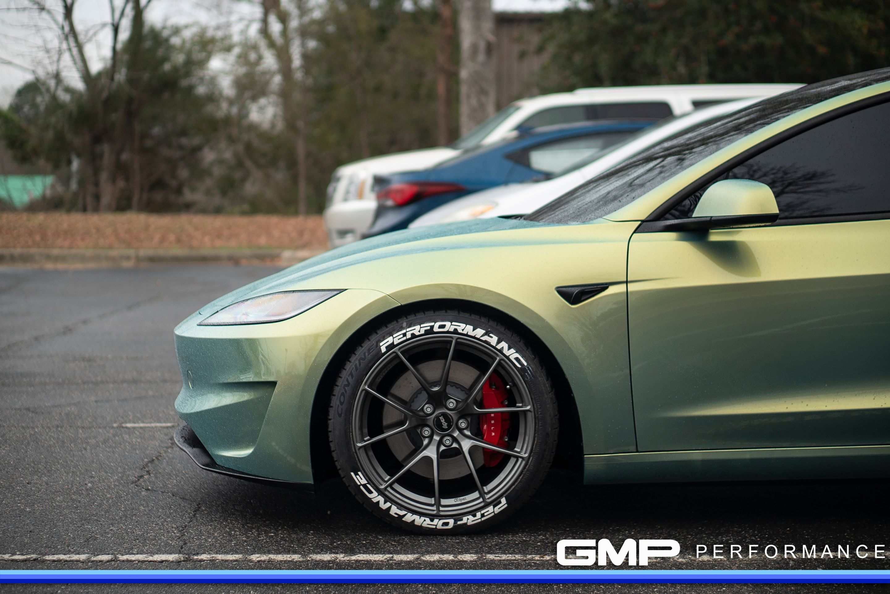 Green Tesla Model 3 with 19" VS-5RS Apex wheels in Brushed Clear