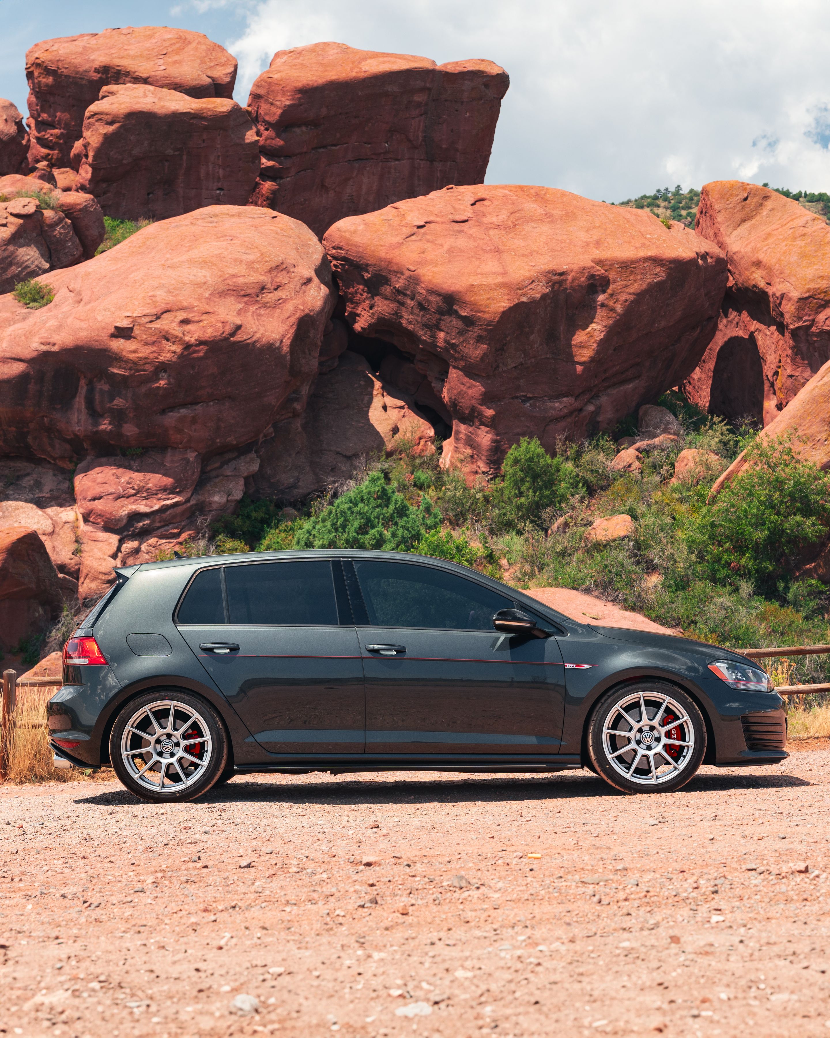 Grey VW MK7 GTI with 18" SM-10 Apex wheels in Race Silver