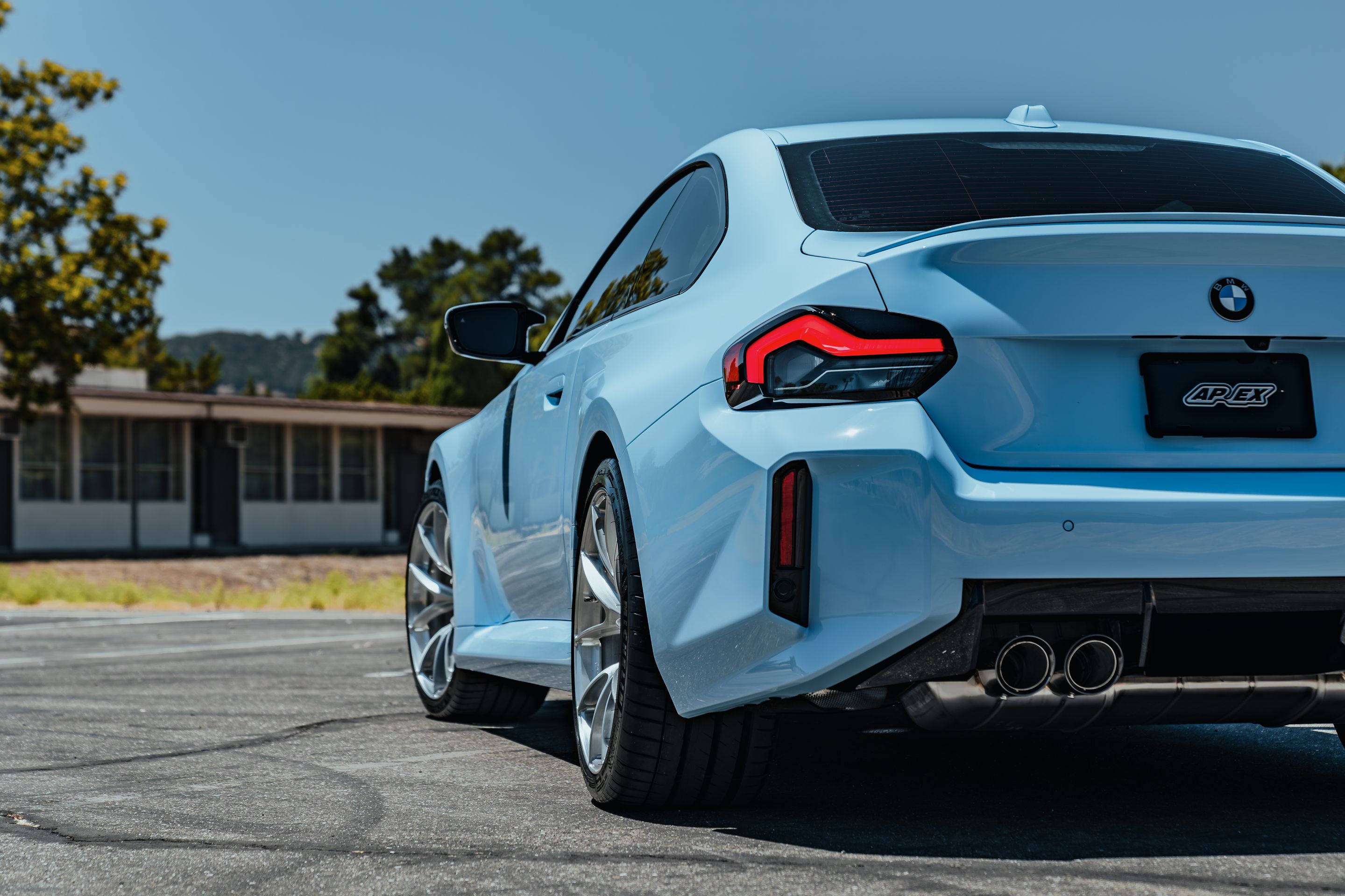 Blue BMW G87 M2 with 20" VS-5RS Apex wheels in Brushed Clear