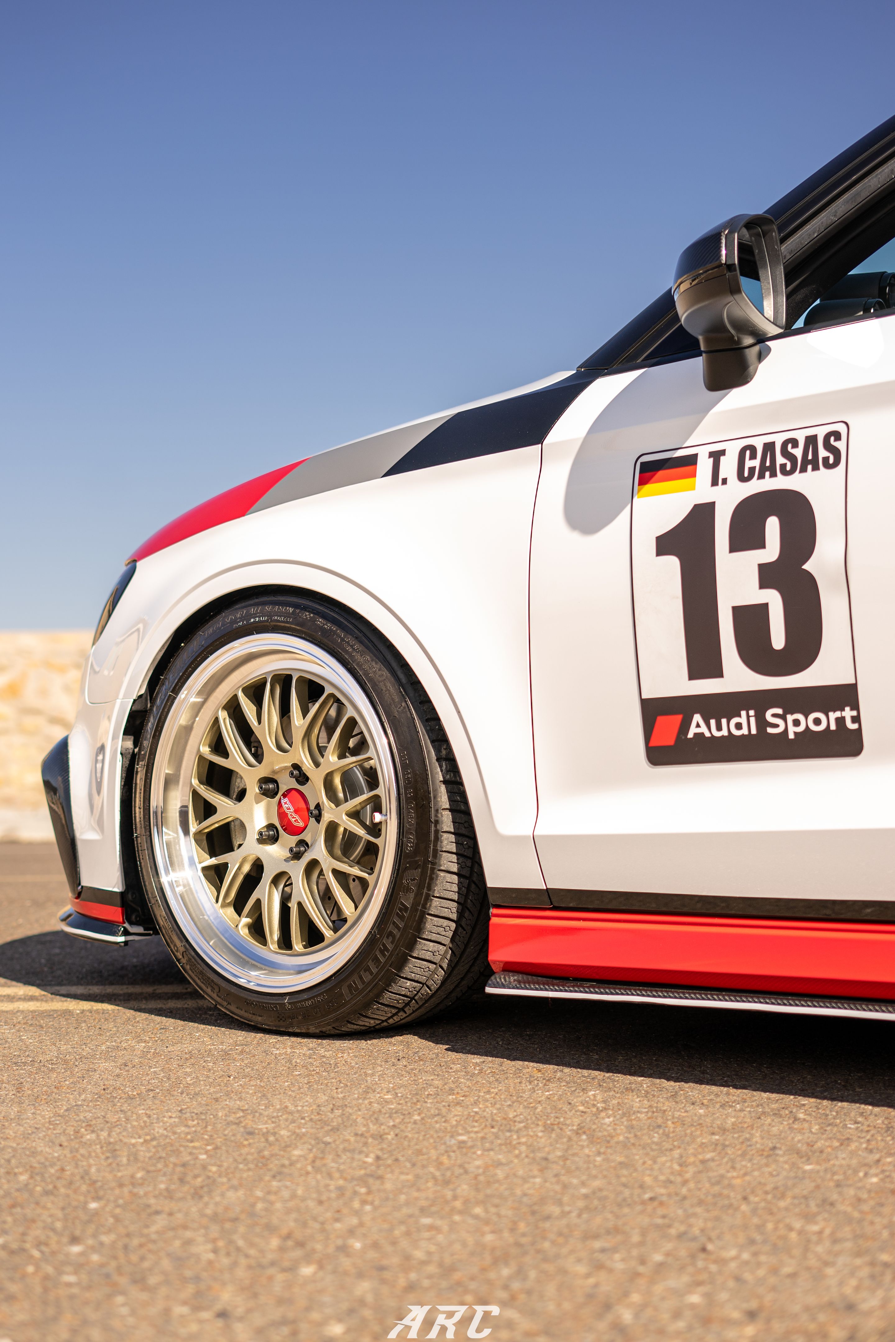 Race Livery Audi 8V A3 with 18" ML-10RT Apex wheels in Machined Lip Gloss Motorsport Gold