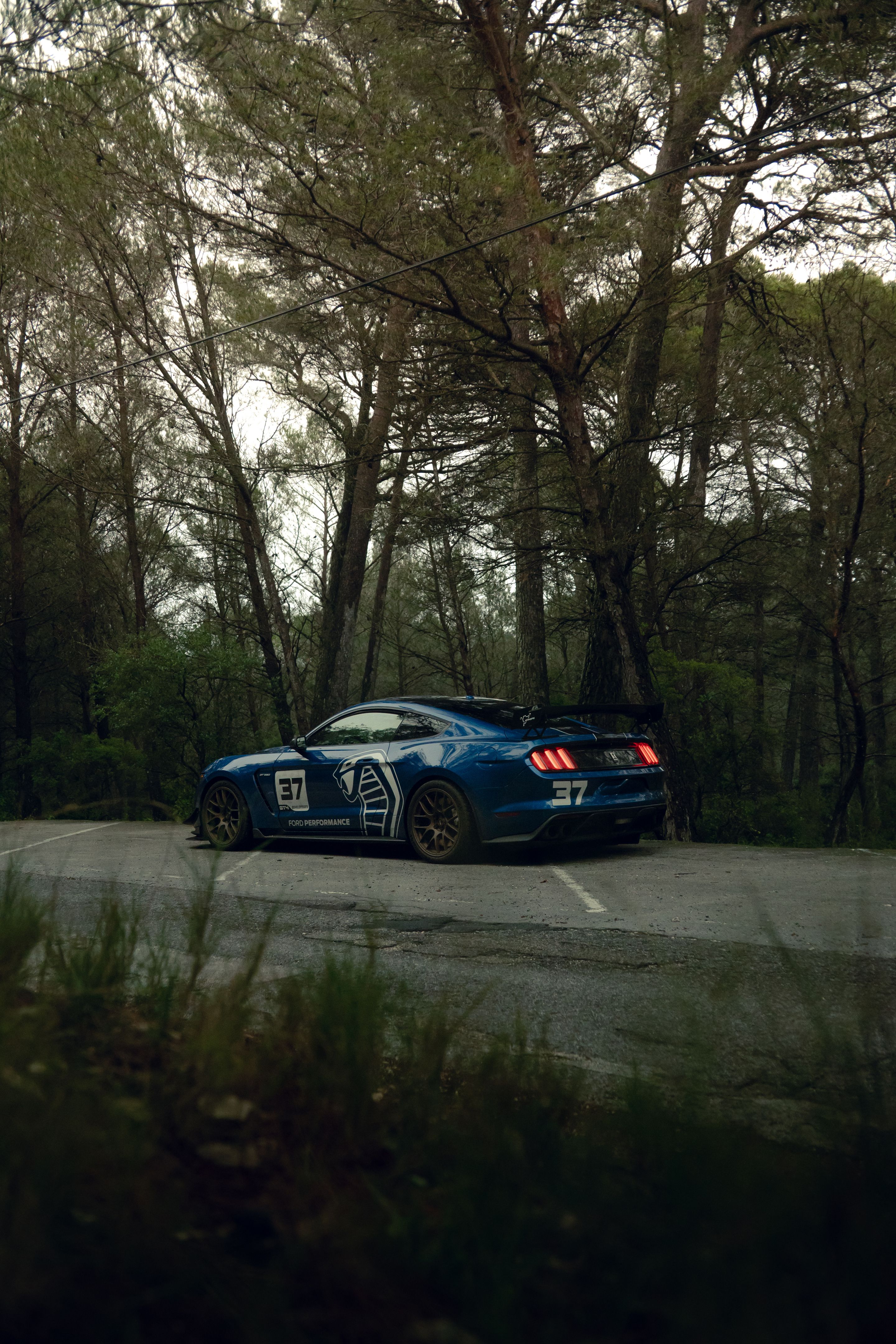 Blue Ford S550 Mustang GT350 with 19" EC-7 Apex wheels in Satin Bronze