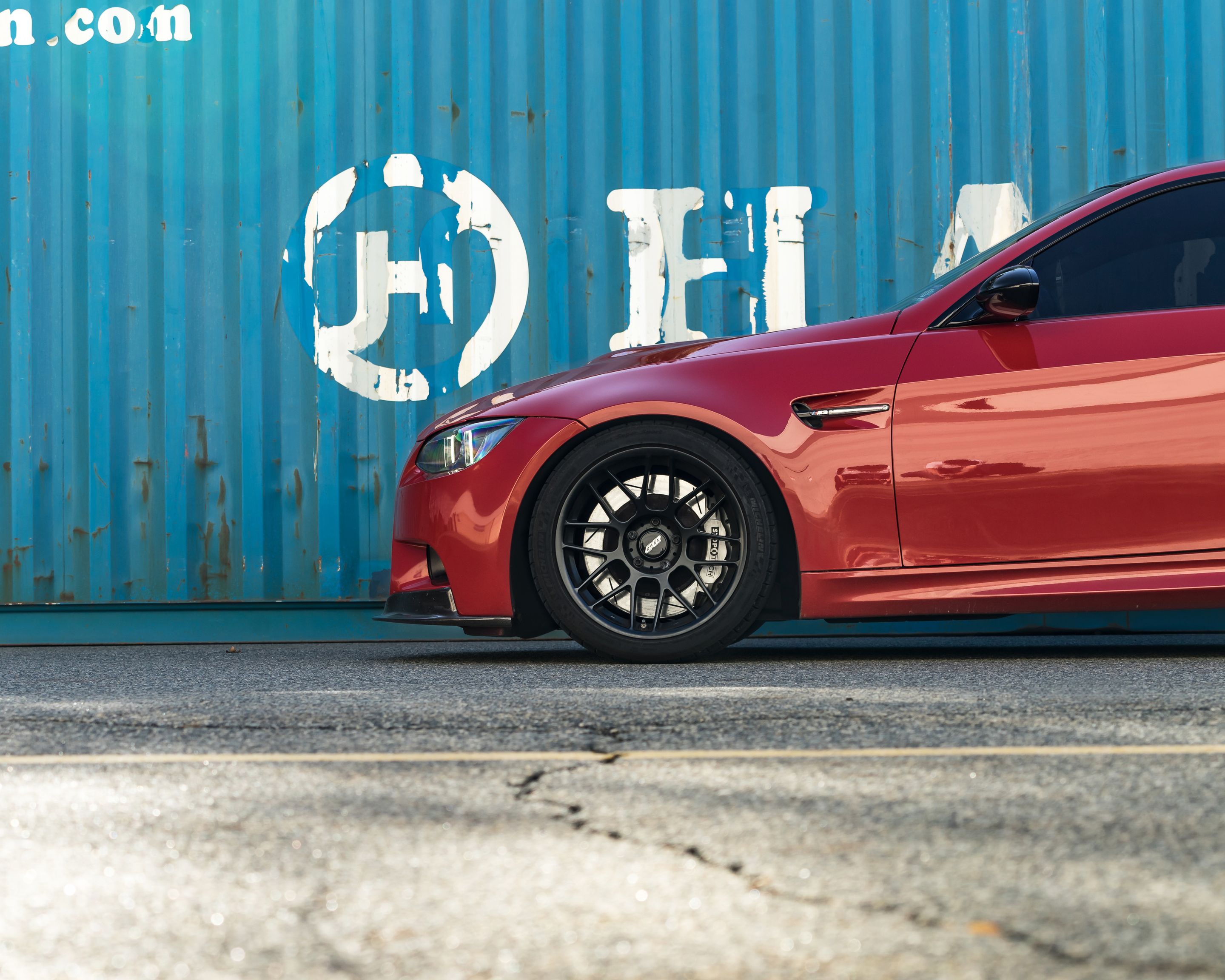 Red BMW E92 Coupe M3 with 18" ARC-8 Apex wheels in Satin Black