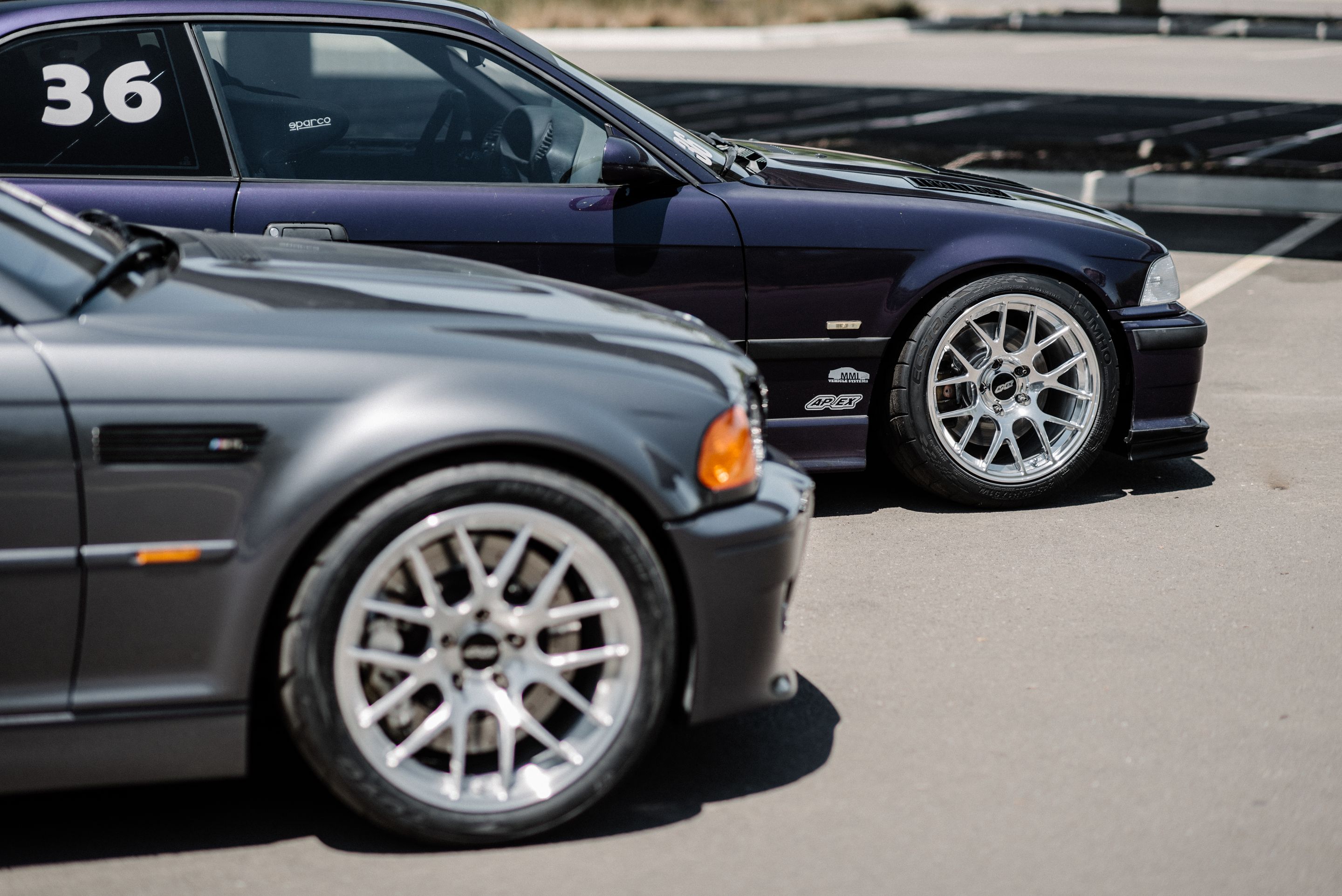Grey BMW E46 M3 with 18" EC-7R Apex wheels in Brushed Clear