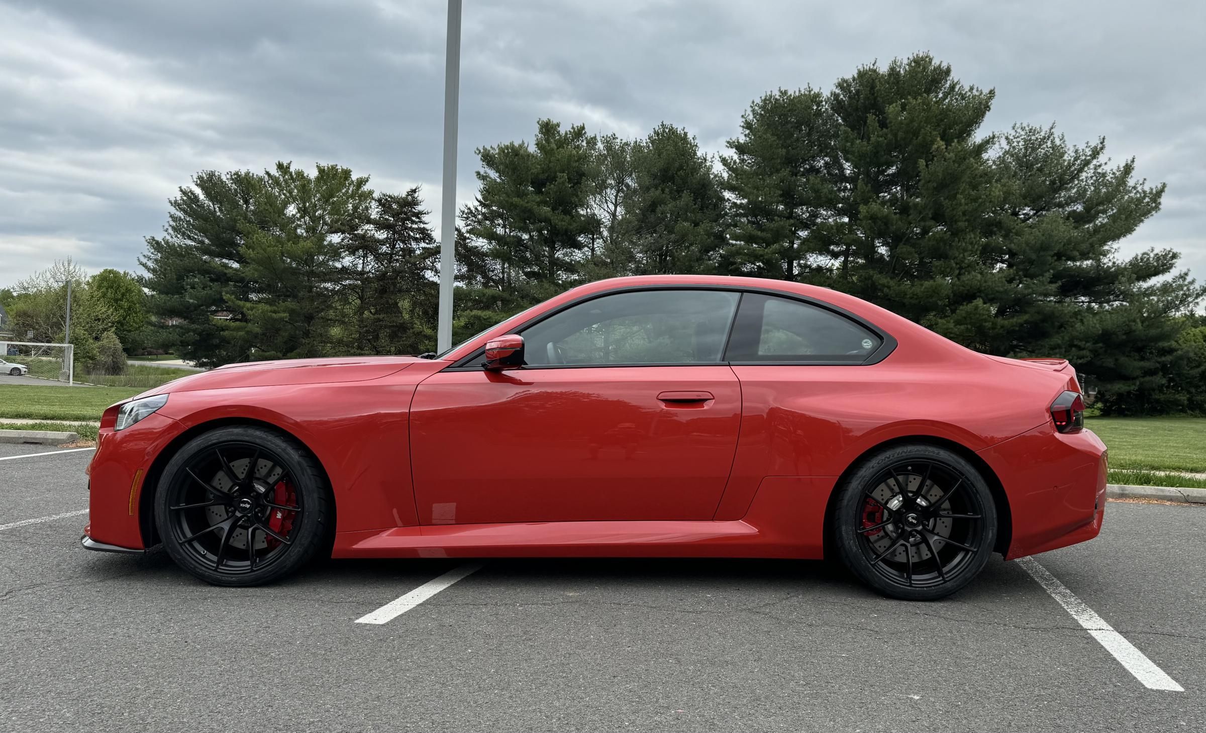 Red BMW G87 M2 with 19" VS-5RS Apex wheels in Satin Black