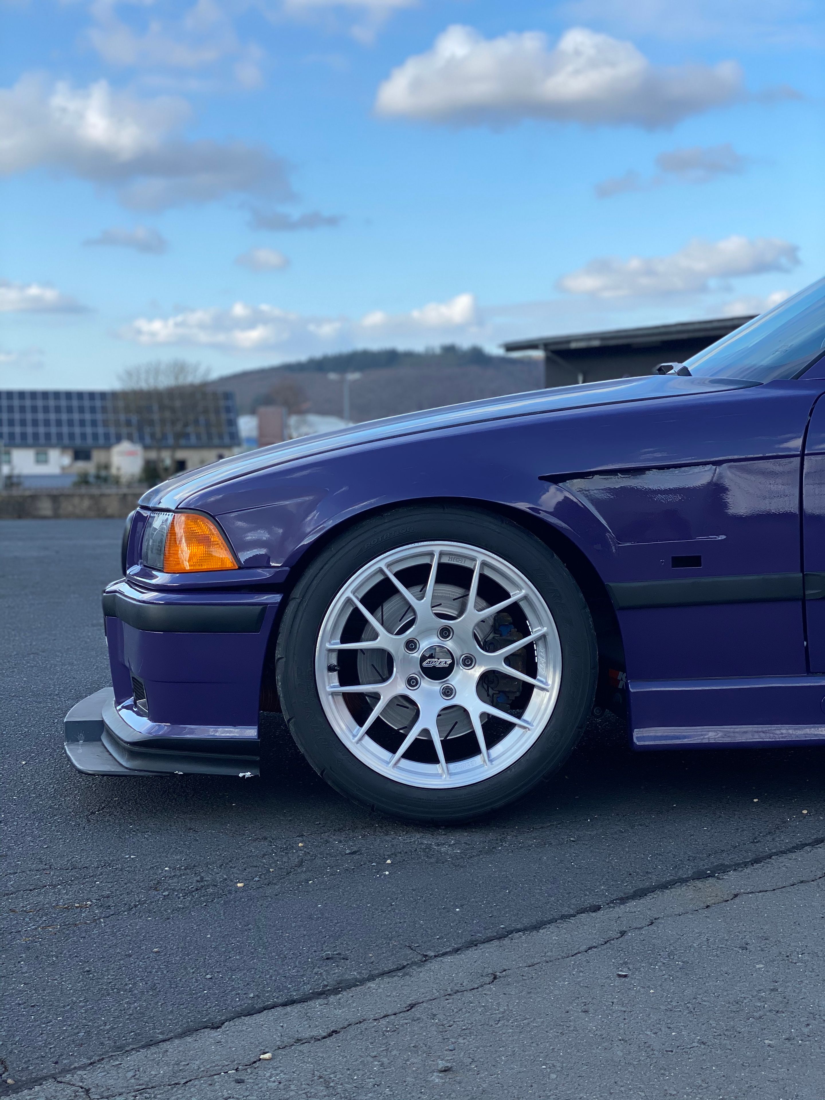 Purple BMW E36 M3 with 17" EC-7R Apex wheels in Brushed Clear