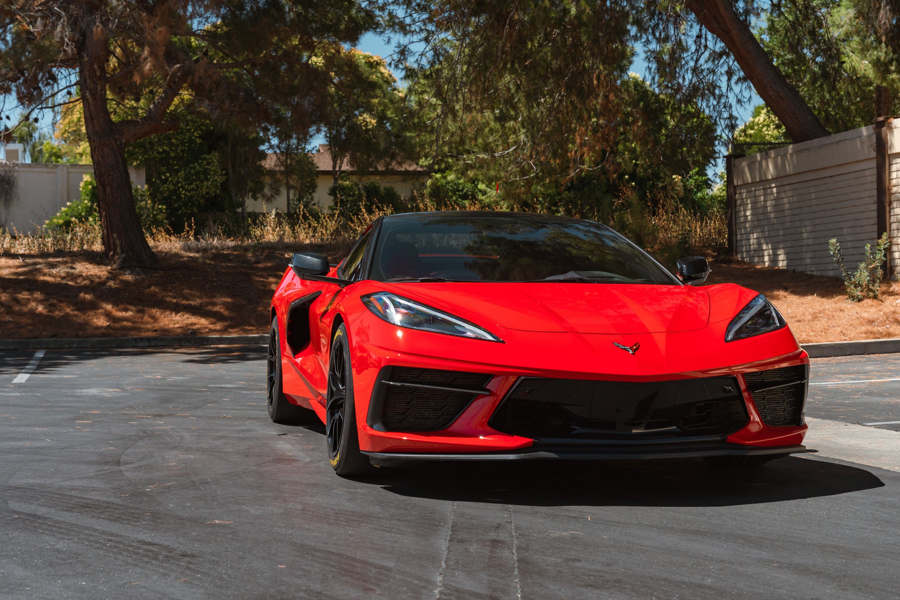 Red Chevrolet C8 Corvette Stingray/Z51 with 18" VS-5RS Apex wheels in Satin Black