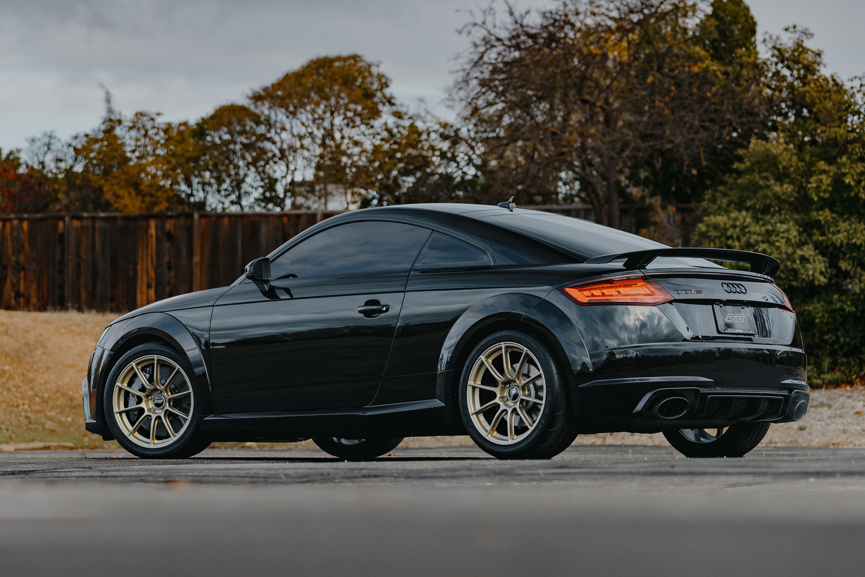 Black Audi FV/8S TT RS with 18" SM-10RS Apex wheels in Motorsport Gold