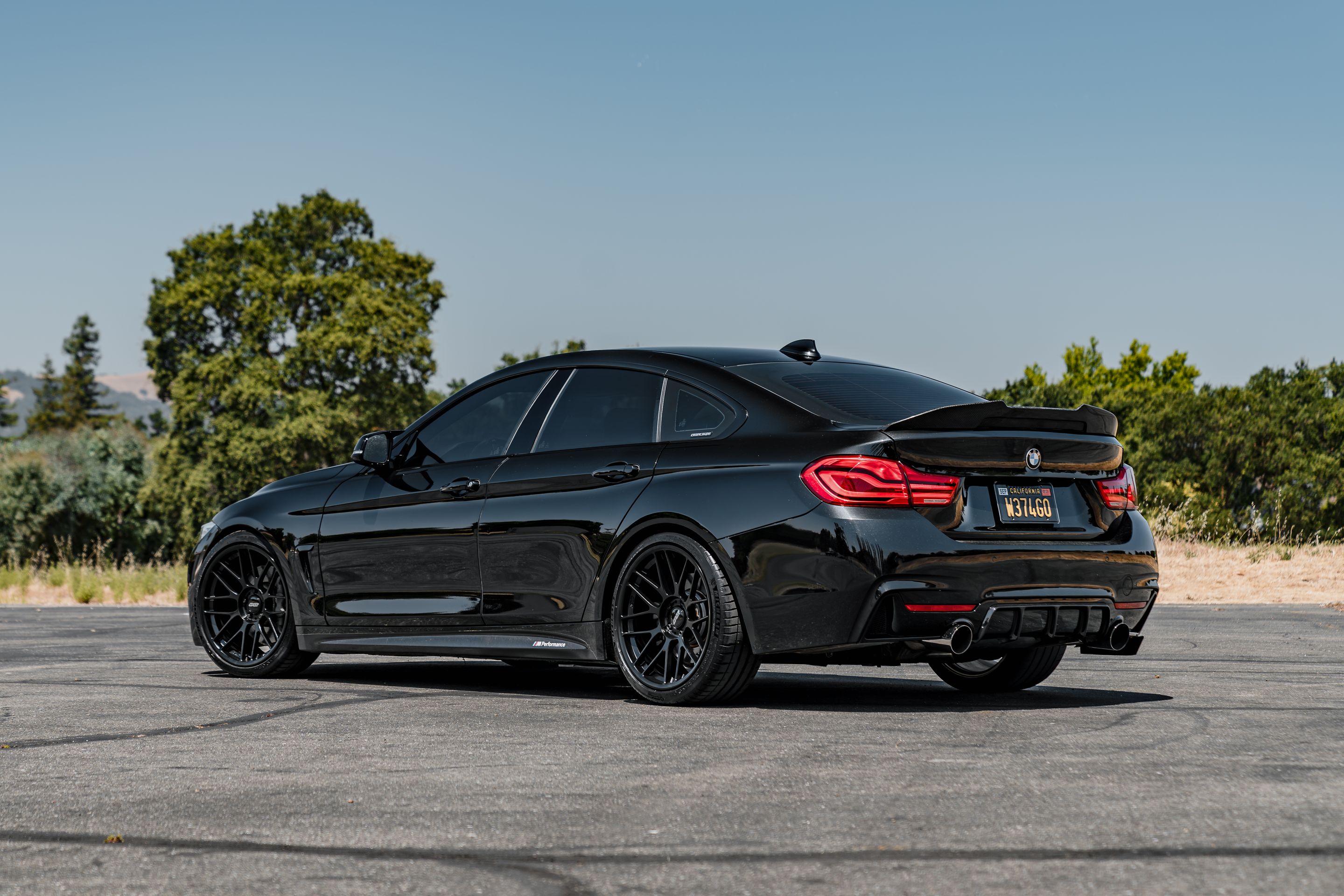 Black BMW F36 Gran Coupe 4 Series with 19" ARC-8RT Apex wheels in Satin Black