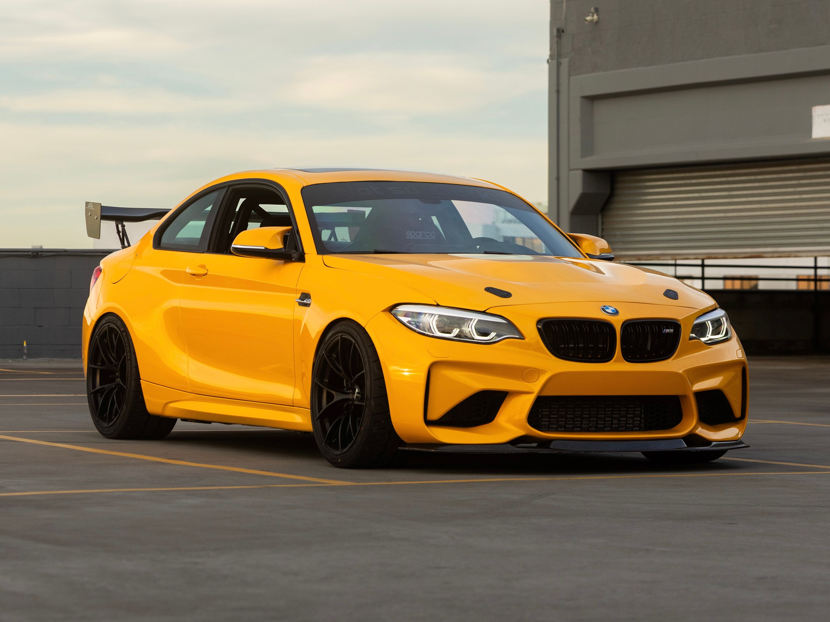 Yellow BMW F87 M2 with 19" VS-5RS Apex wheels in Satin Black