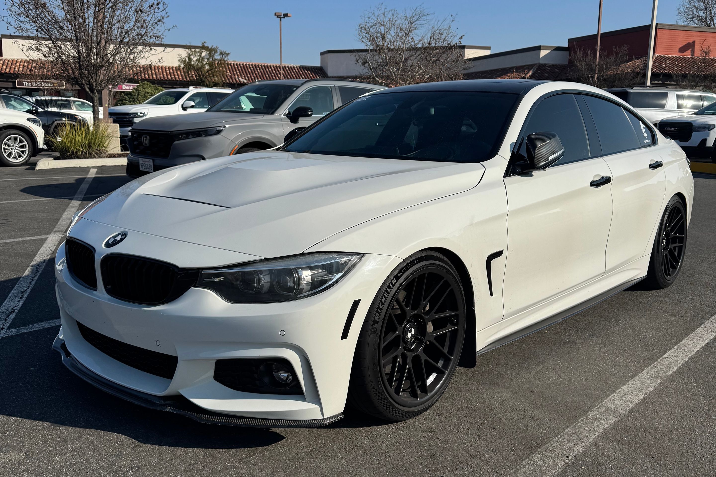 White BMW F36 Gran Coupe 4 Series with 19" ARC-8RT Apex wheels in Satin Black
