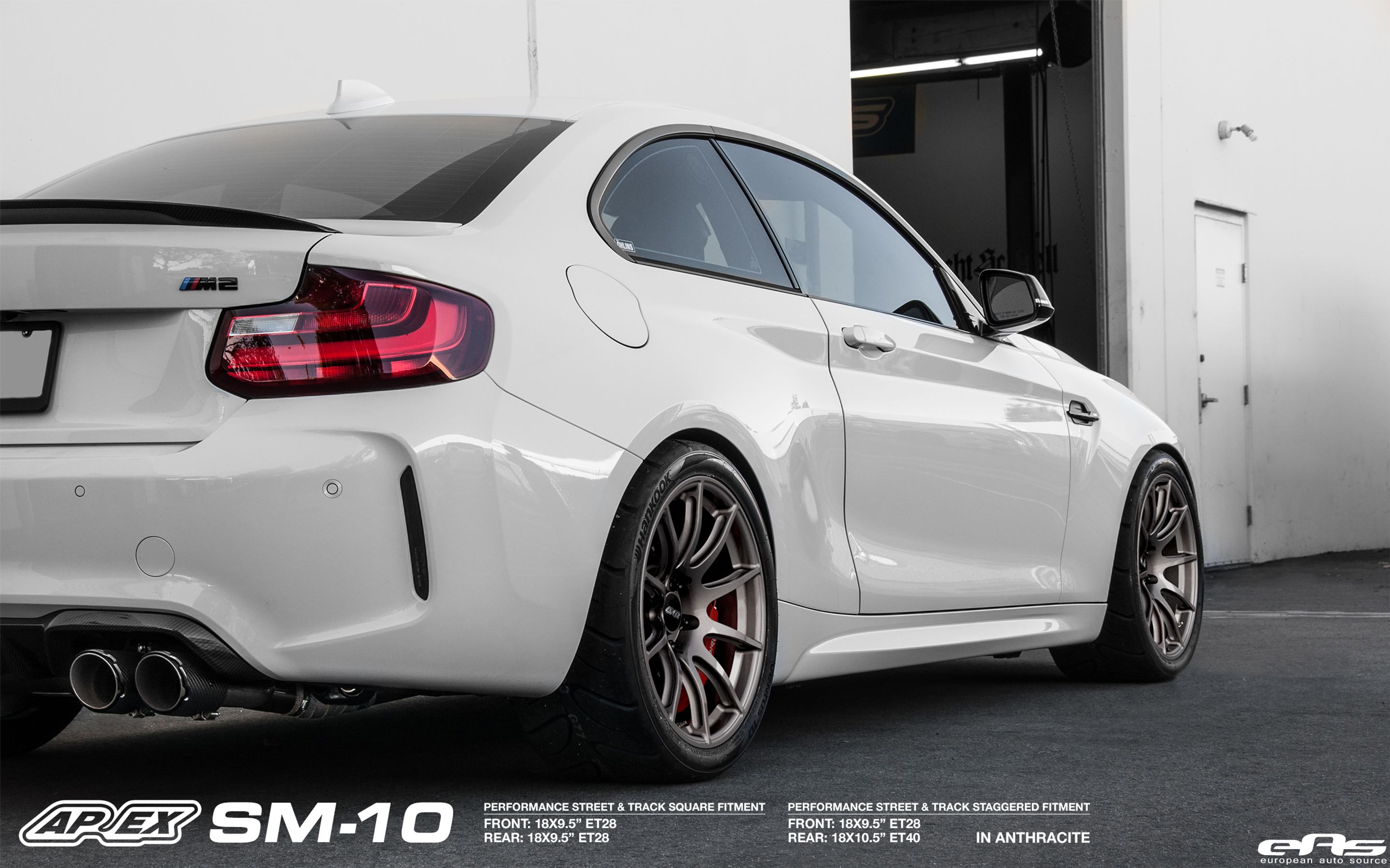 White BMW F87 M2 with 18" FL-5 Apex wheels in Race Silver