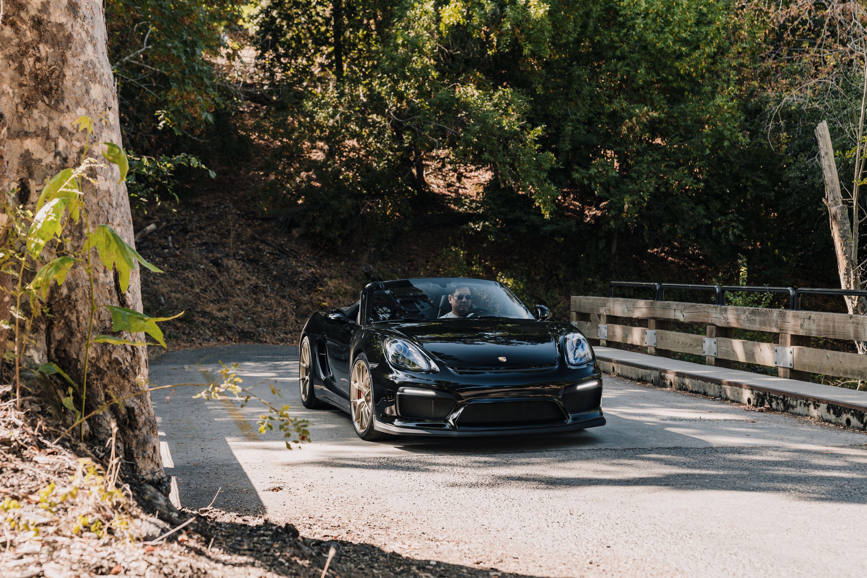 Black Porsche 981 Spyder with 20" VS-5RS Apex wheels in Motorsport Gold
