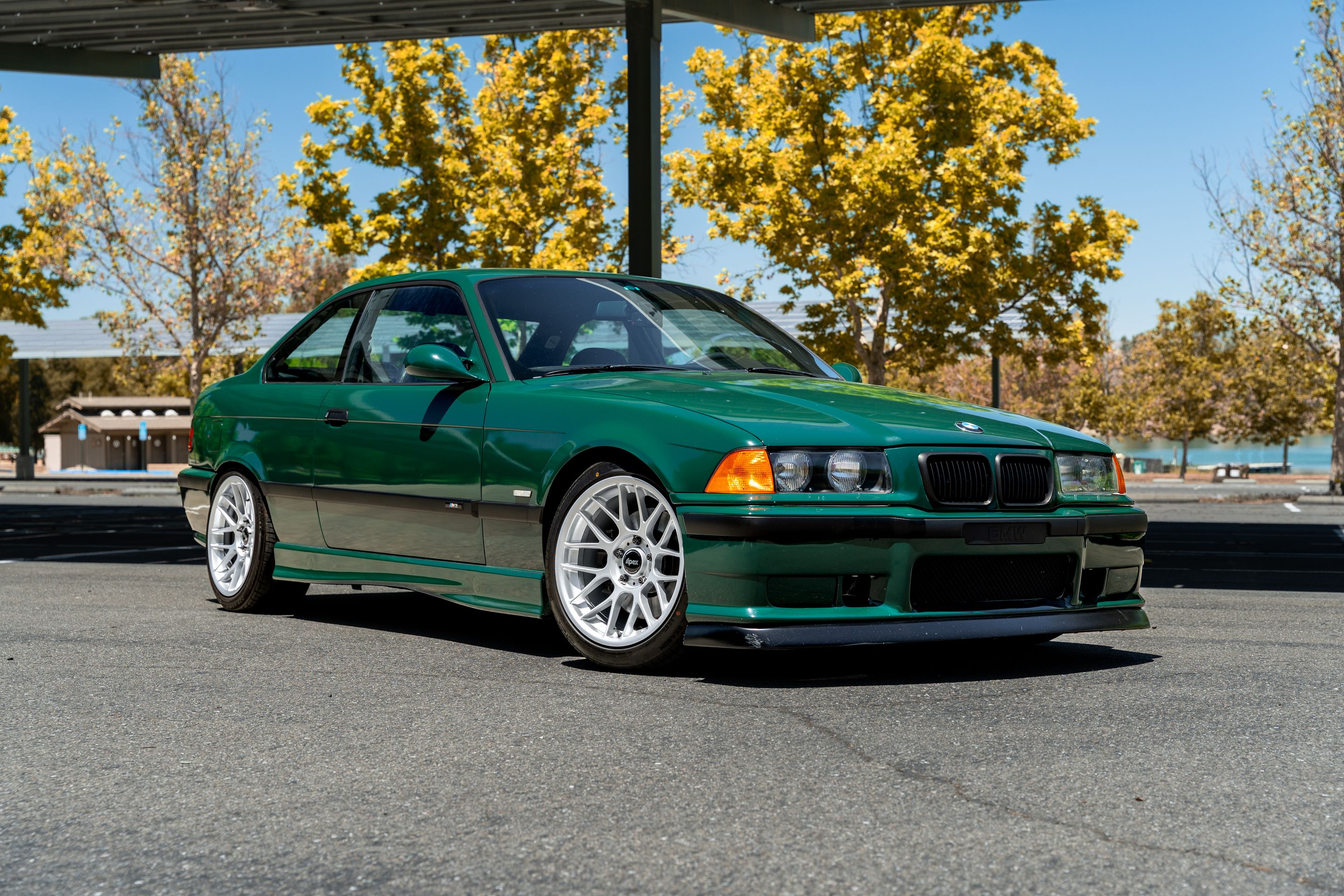 Green BMW E36 M3 with 17" ARC-8 Apex wheels in Race Silver
