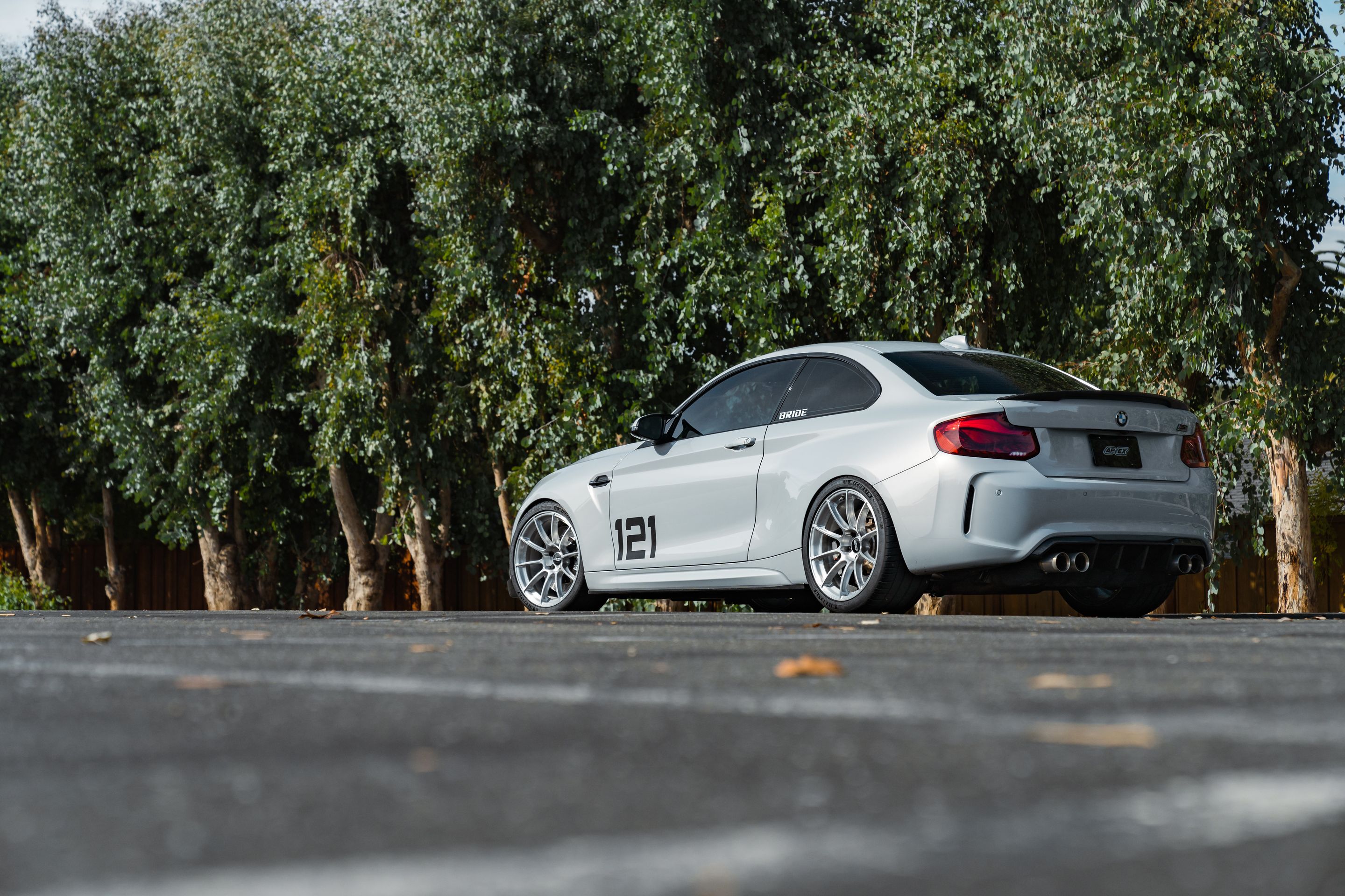 Silver BMW F87 M2 with 19" SM-10RS Apex wheels in Brushed Clear