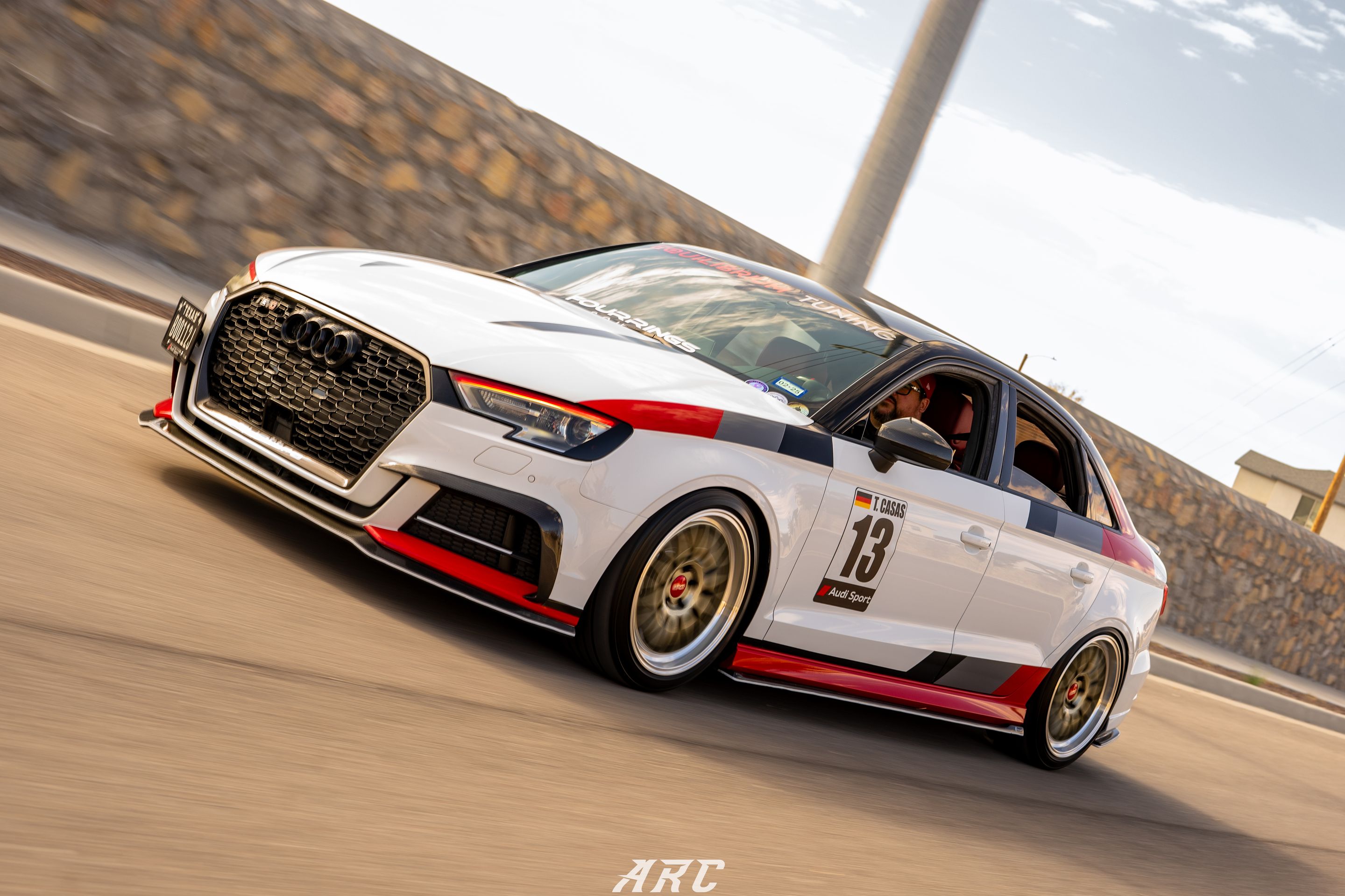 Race Livery Audi 8V A3 with 18" ML-10RT Apex wheels in Machined Lip Gloss Motorsport Gold