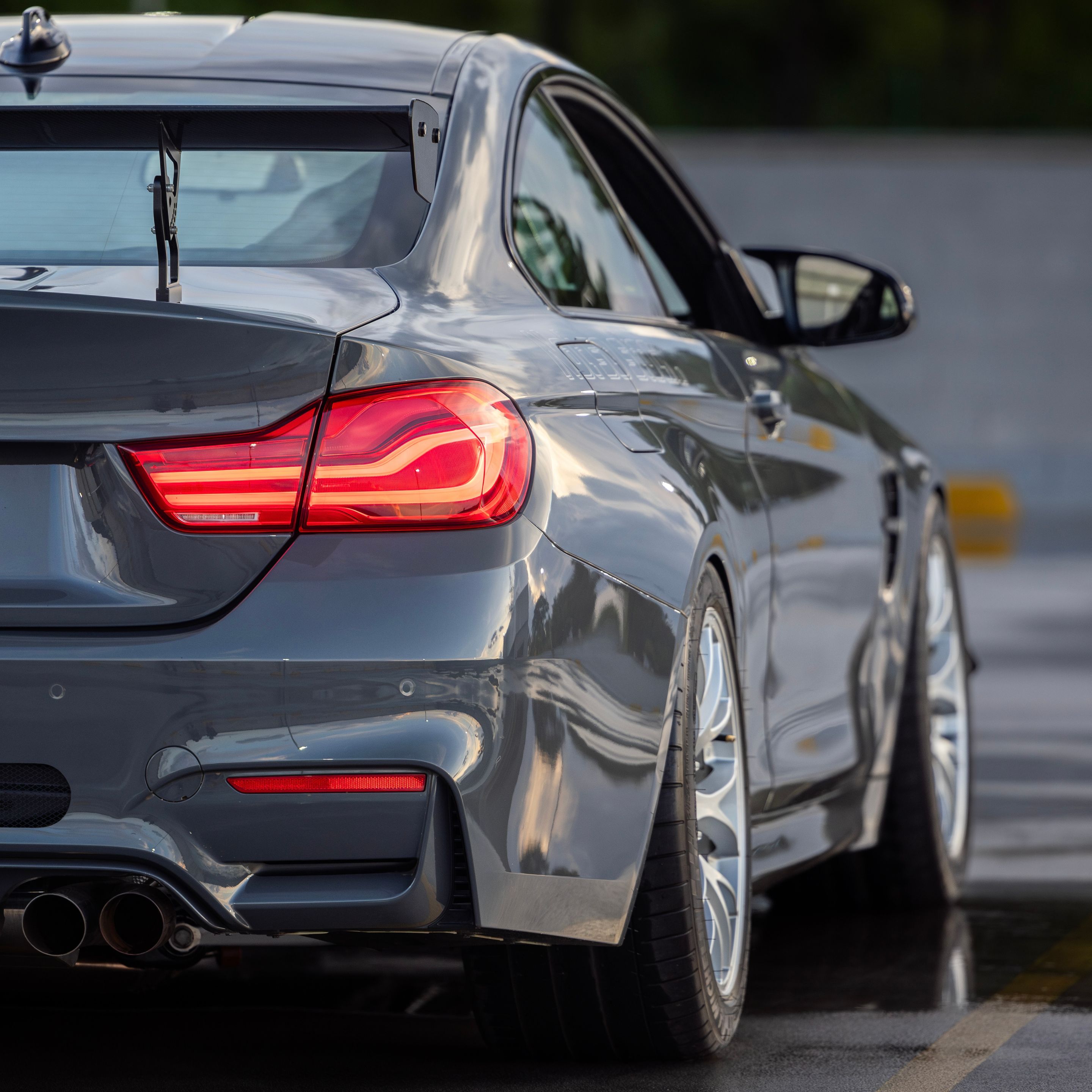 Grey BMW F82 Coupe M4 with 18" EC-7 Apex wheels in Race Silver