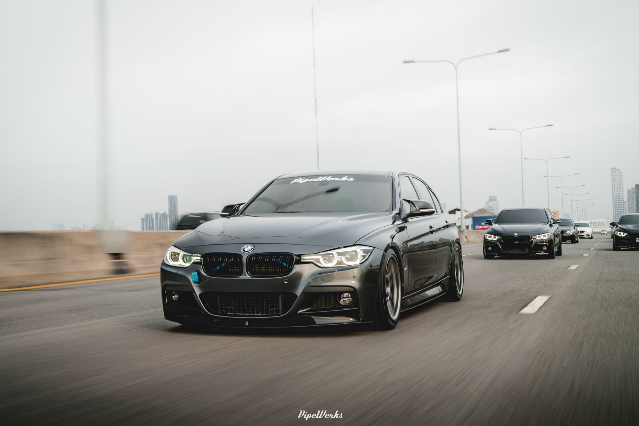 Grey BMW F30 Sedan 3 Series with 18" ARC-8 Apex wheels in Hyper Black