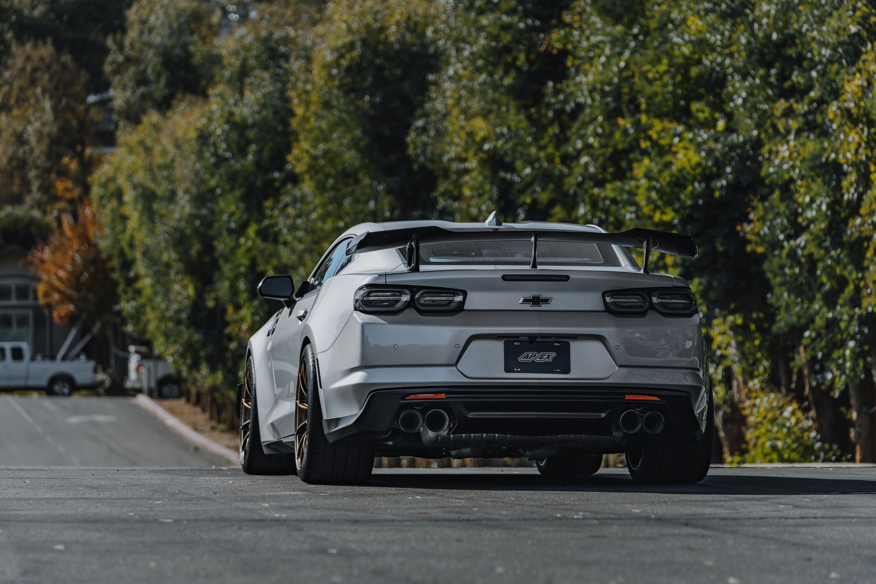 Silver Chevrolet 6th Gen Camaro ZL1 1LE with 19" SM-10RS Apex wheels in Satin Bronze