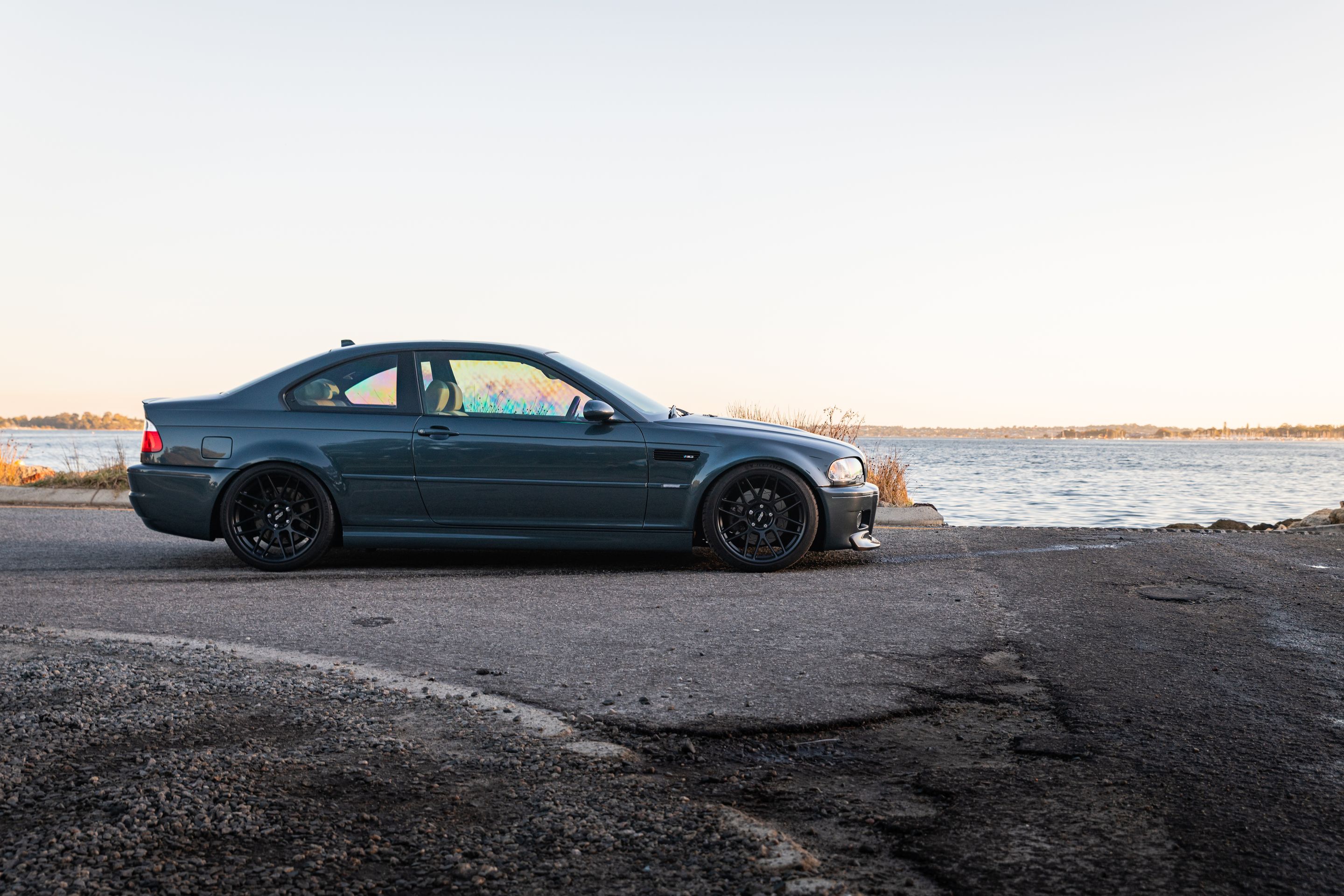 Blue BMW E46 M3 with 19" ARC-8 Apex wheels in Satin Black