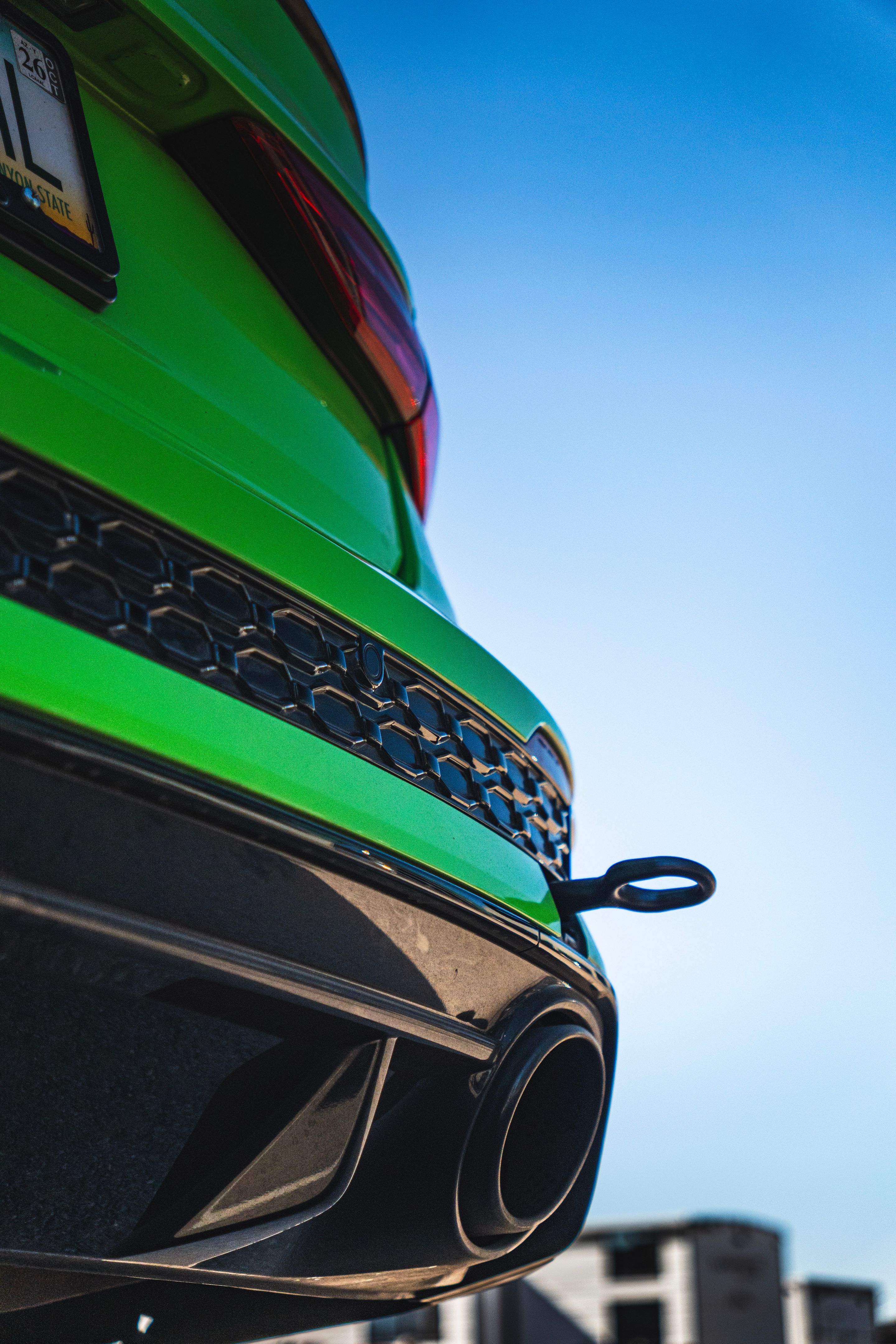 Green Audi 8Y RS 3 with 18" VS-5RS Apex wheels in Brushed Clear