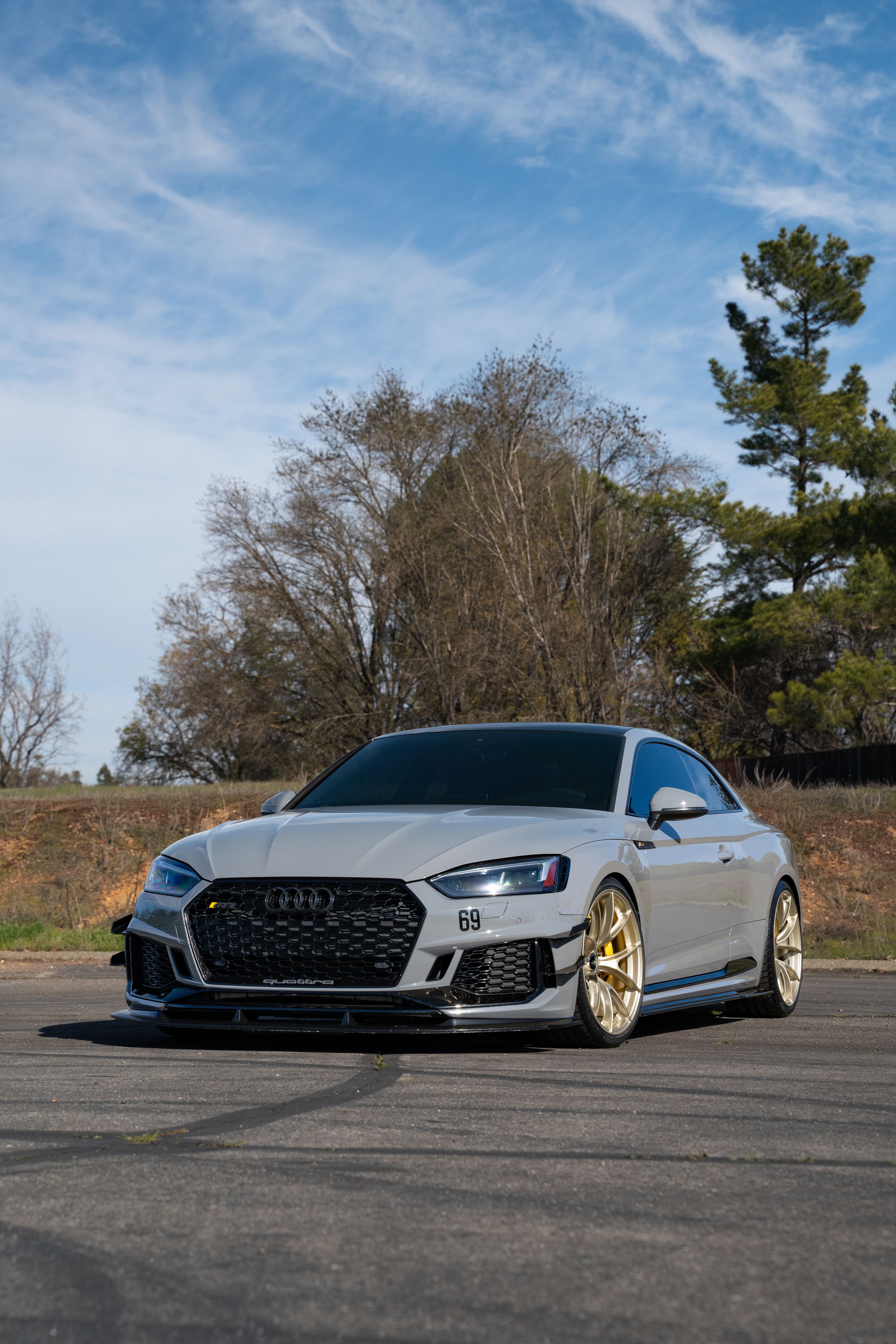 Grey Audi B9 RS 5 Coupe with 20" VS-5RS Apex wheels in Motorsport Gold