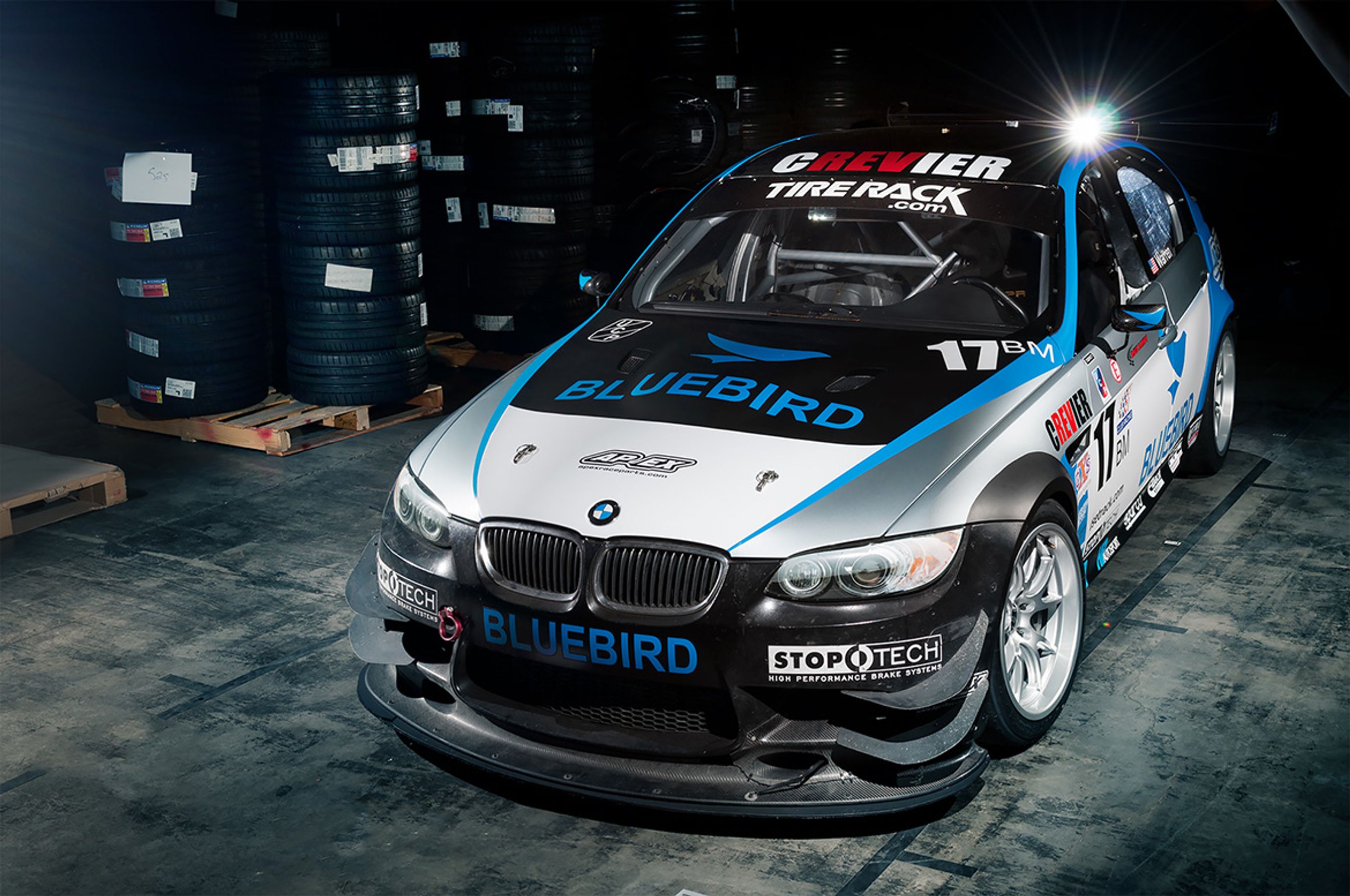 White BMW E90 Sedan M3 with 18" FL-5 Apex wheels in Race Silver