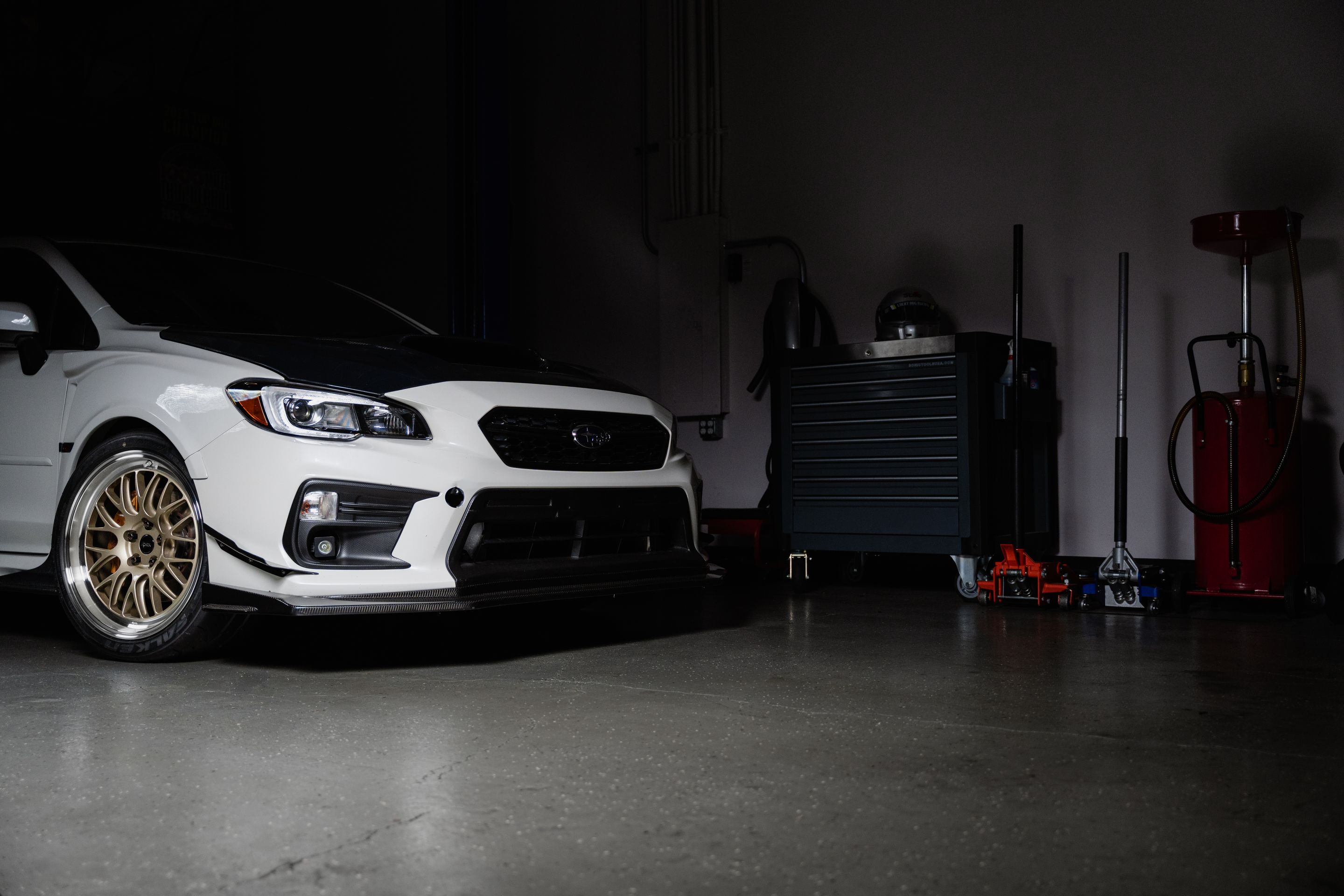 White Subaru VA WRX STI with 18" ML-10RT Apex wheels in Machined Lip Gloss Motorsport Gold