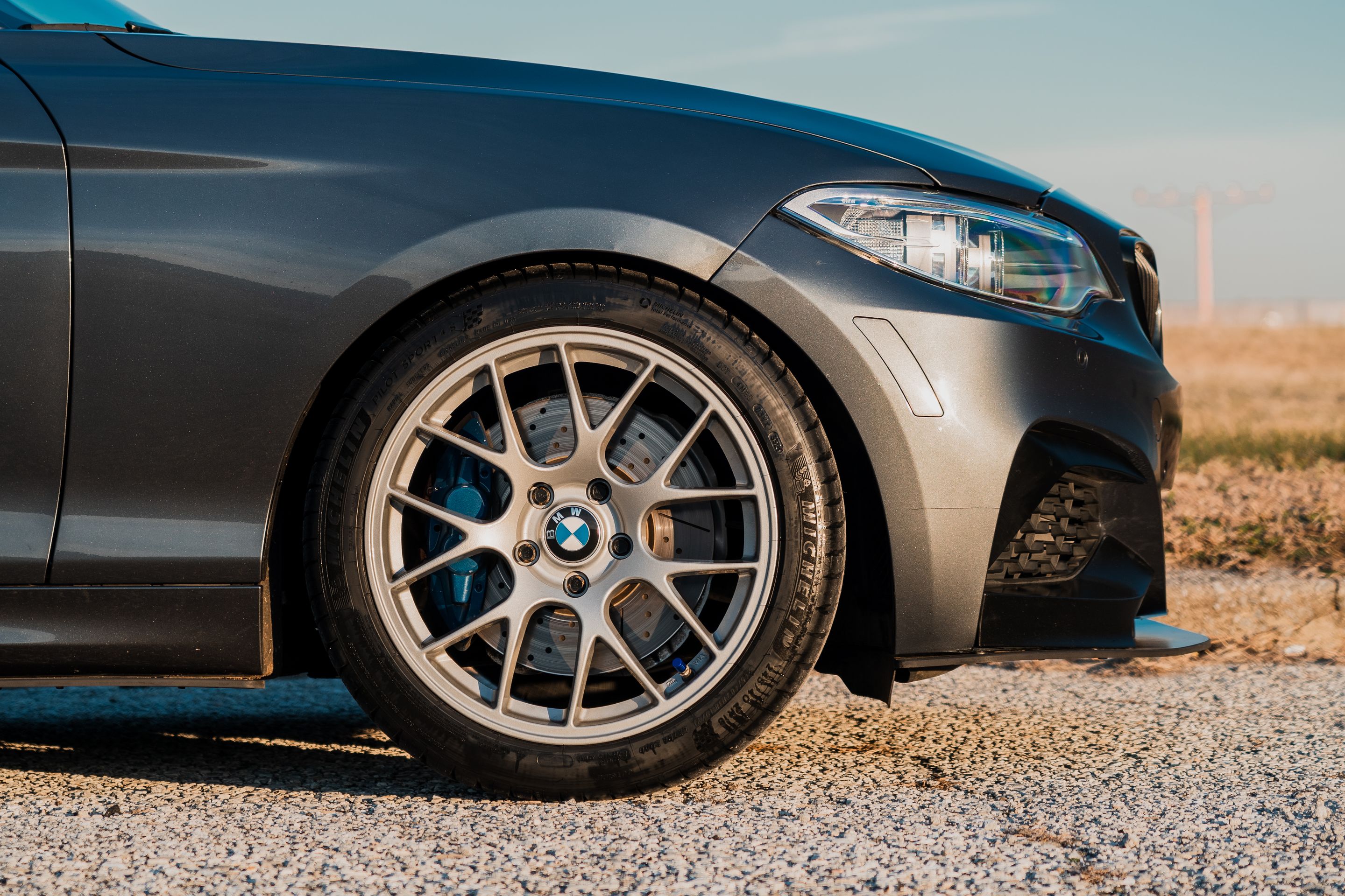 Grey BMW F22 Coupe 2 Series with 18" EC-7 Apex wheels in Race Silver