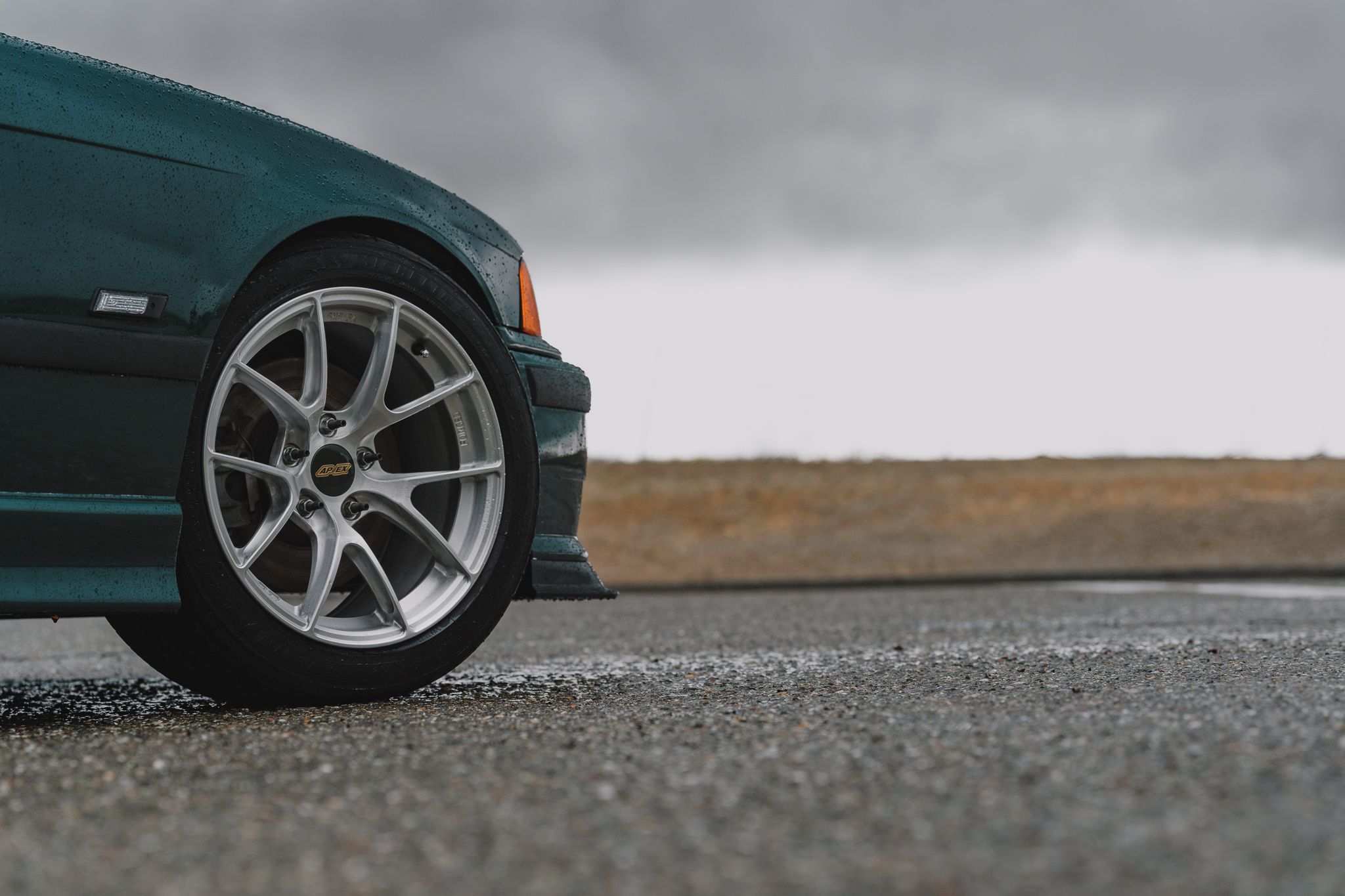 Green BMW E36 M3 with 17" VS-5RS Apex wheels in Brushed Clear