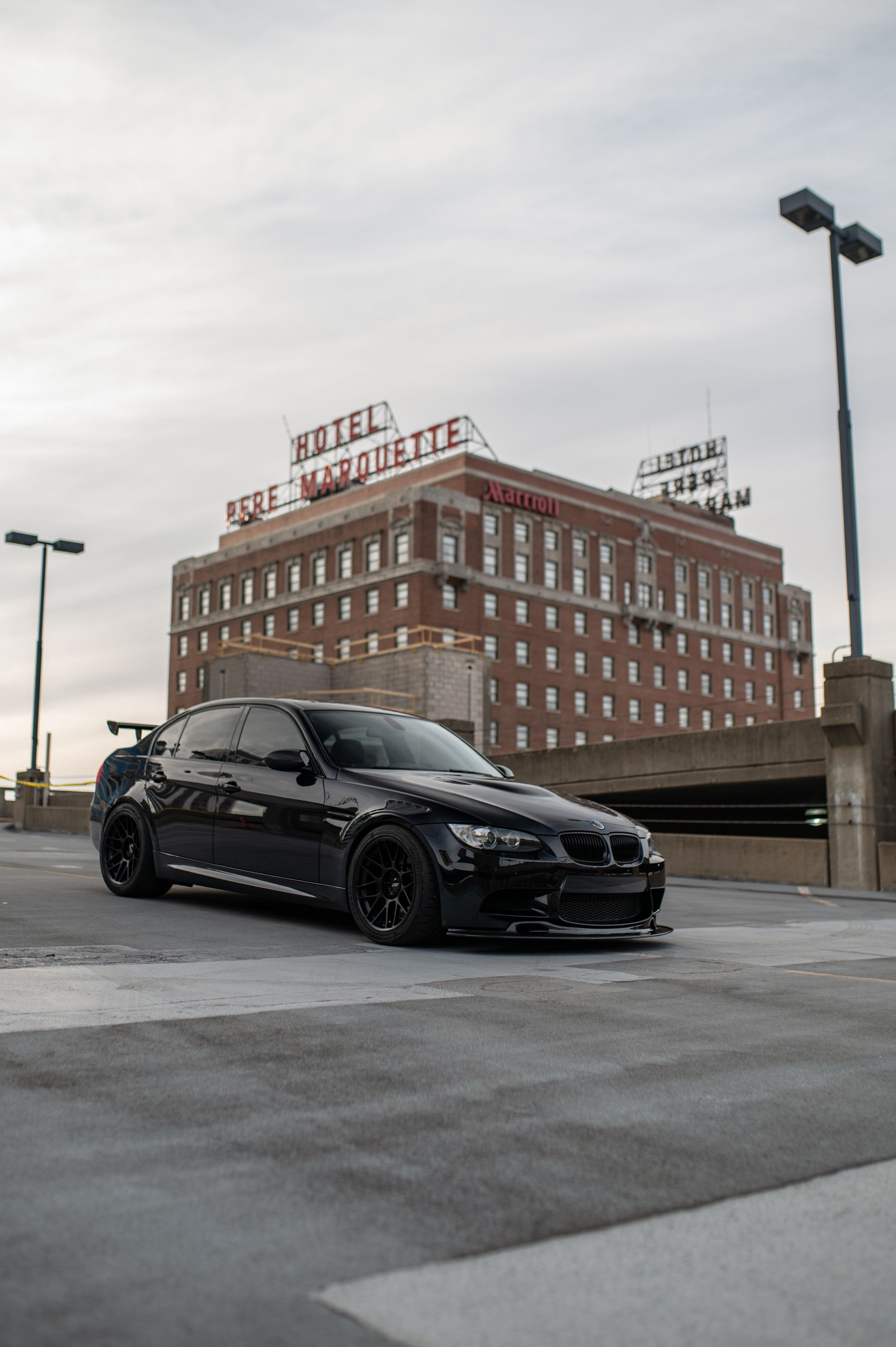 Black BMW E90 Sedan M3 with 18" ARC-8 Apex wheels in Satin Black