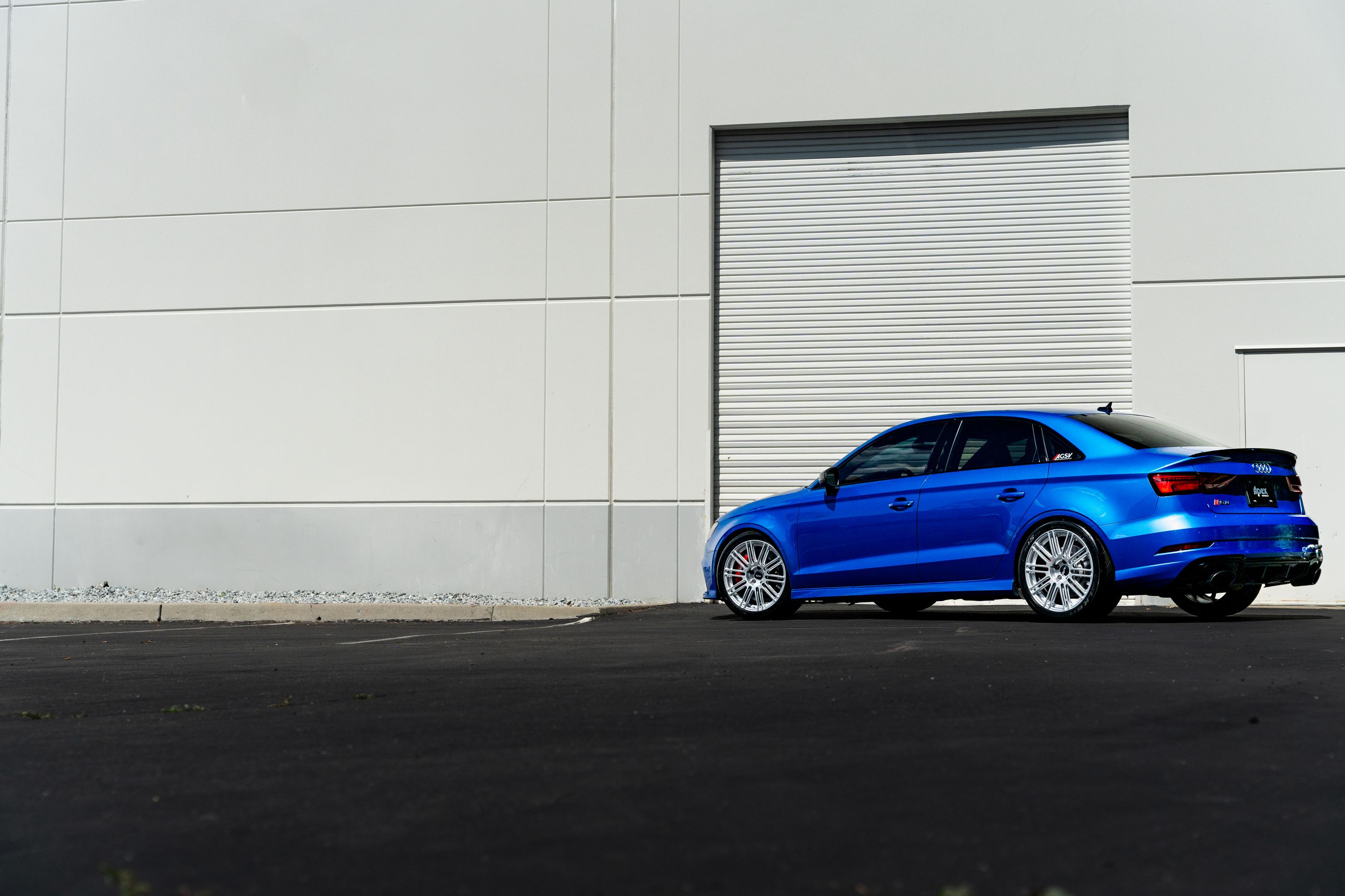 Blue Audi 8V RS 3 with 18" TC-10RT Apex wheels in Race Silver