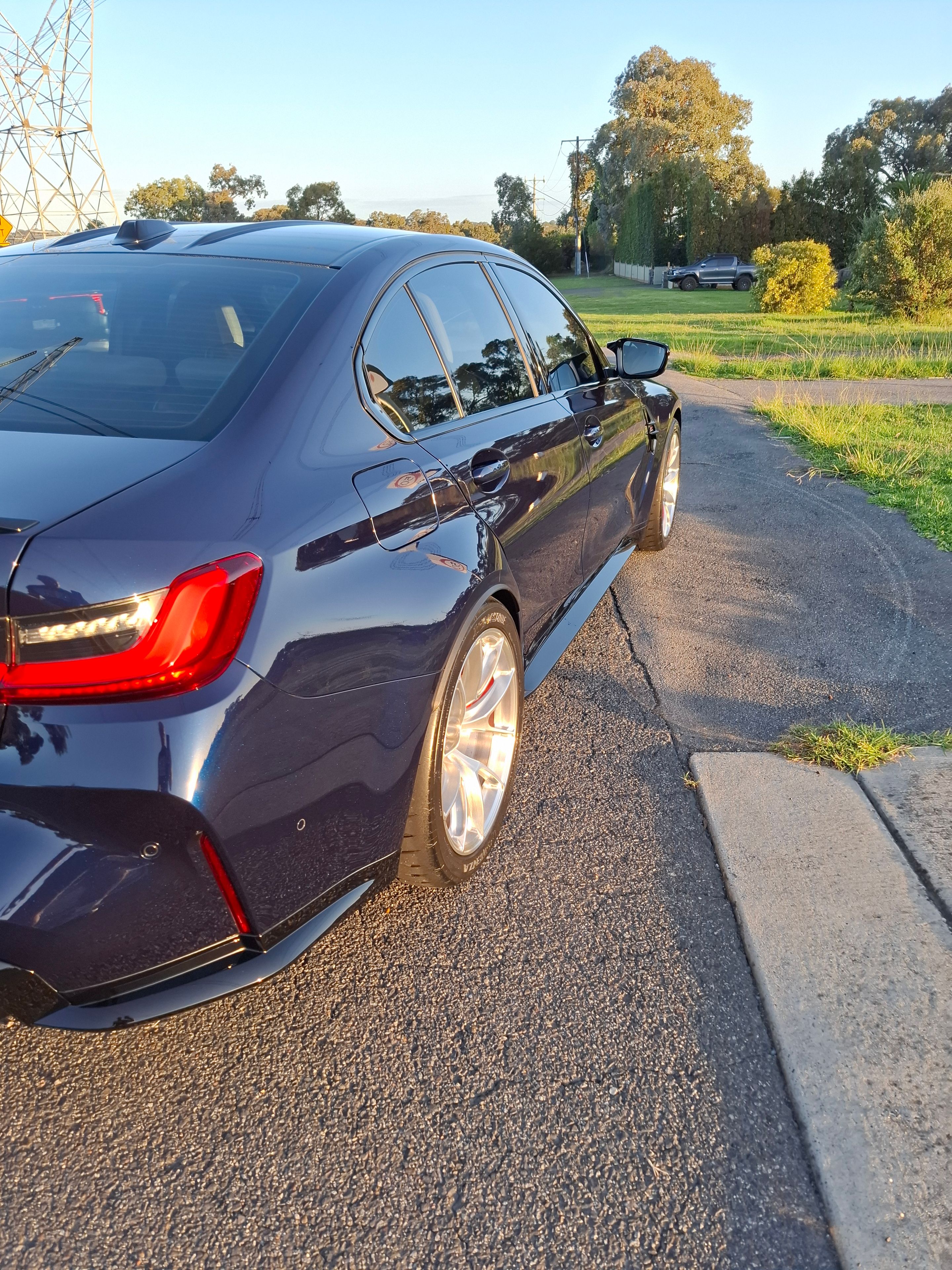 Blue BMW G80 M3 with 19" VS-5RS Apex wheels in Brushed Clear