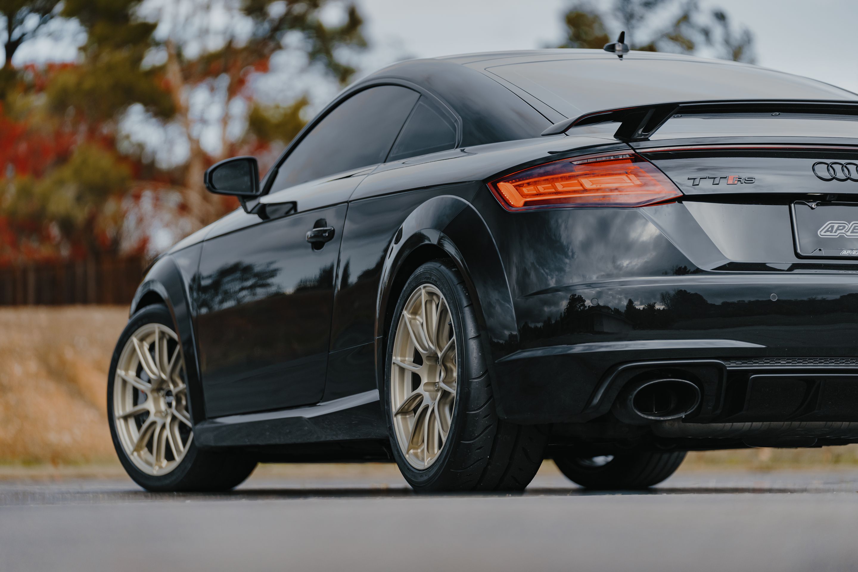 Black Audi FV/8S TT RS with 18" SM-10RS Apex wheels in Motorsport Gold