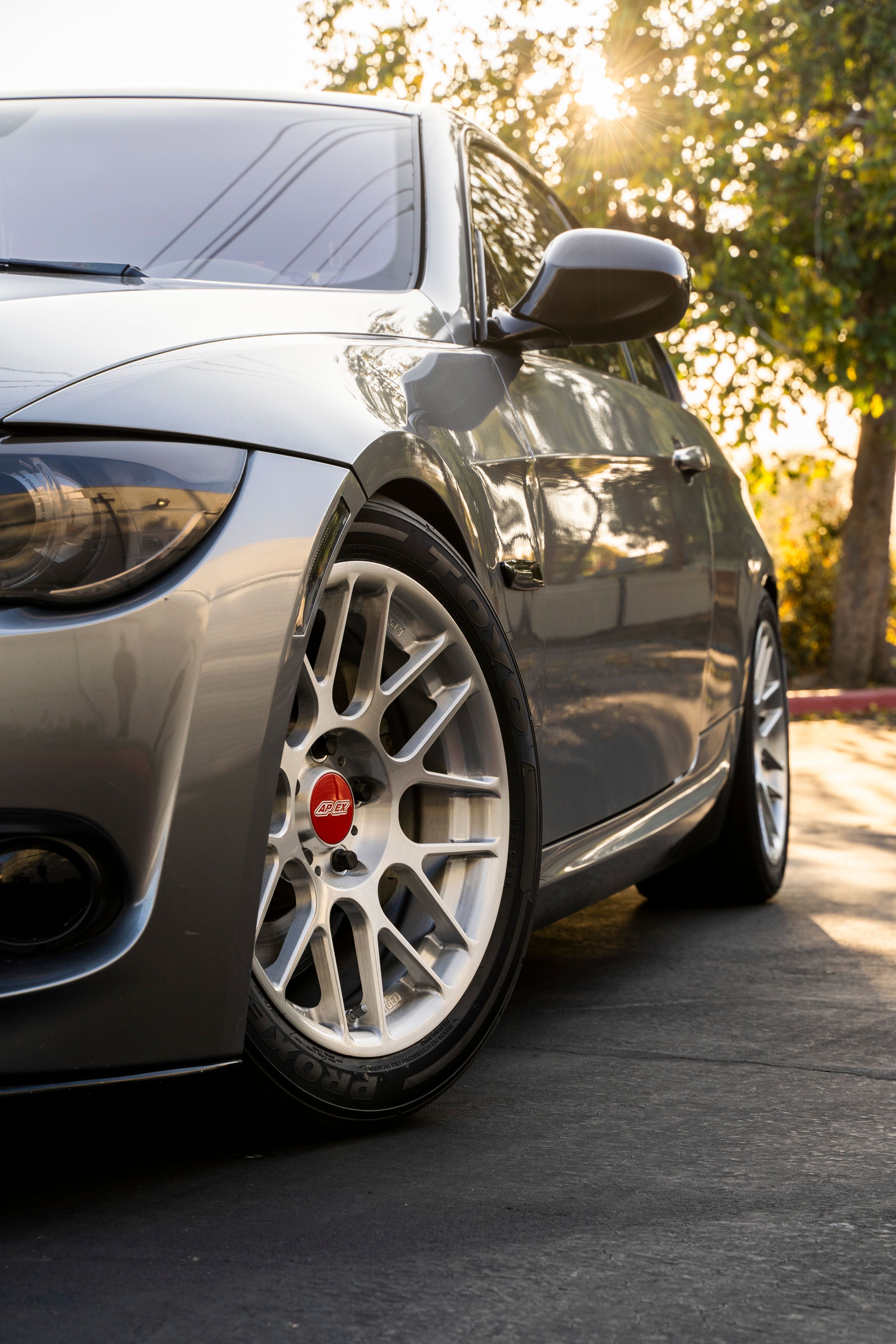 Grey BMW E92 Coupe 3 Series with 17" ARC-8R Apex wheels in Brushed Clear