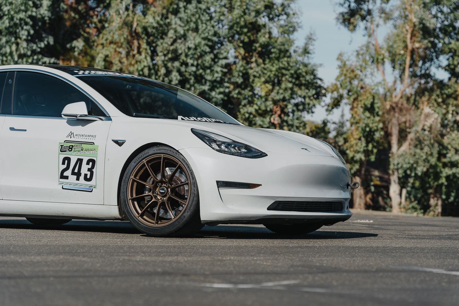 White Tesla Model 3 with 19" SM-10RS Apex wheels in Satin Bronze