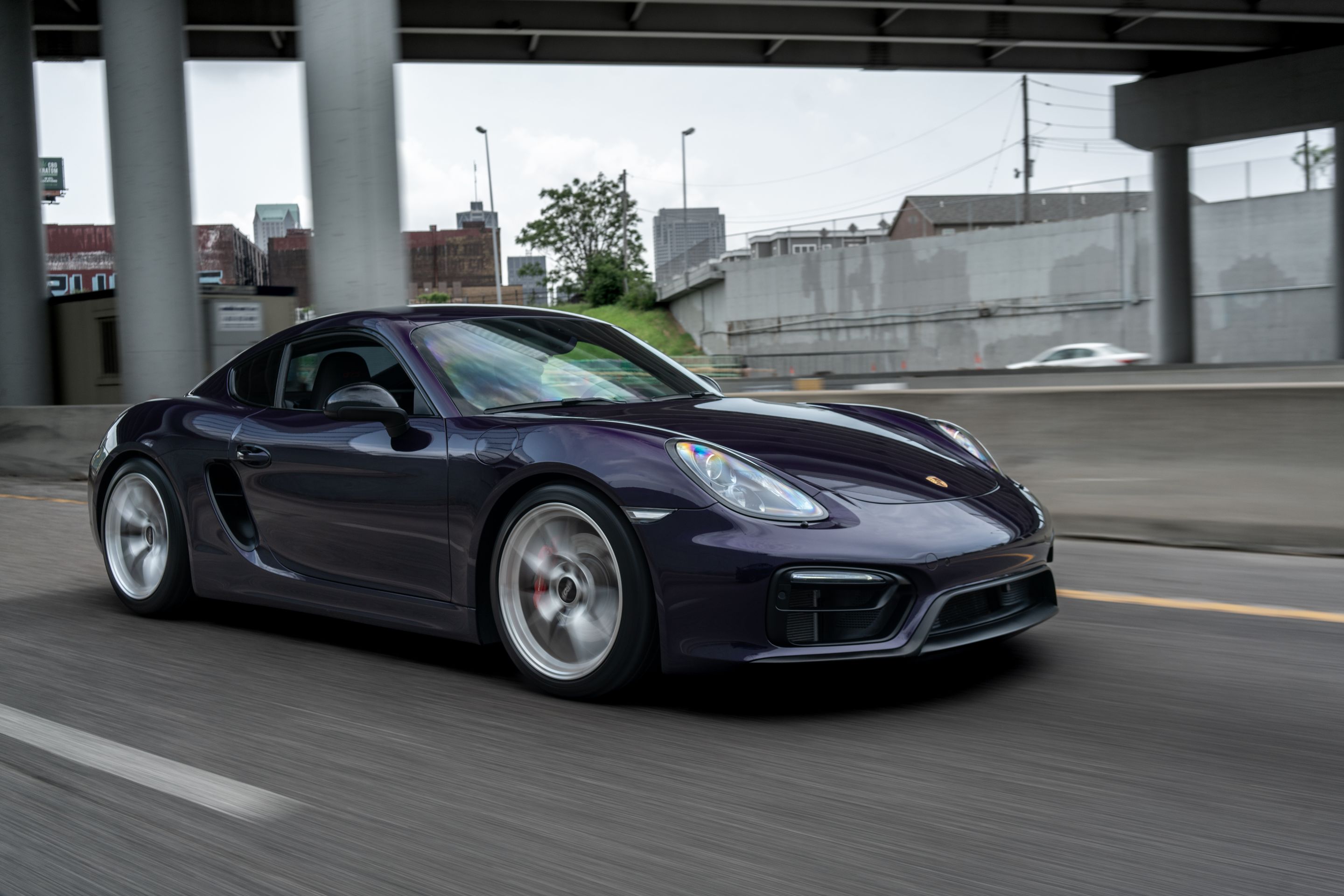 Purple Porsche 981 Cayman GTS with 19" VS-5RS Apex wheels in Brushed Clear