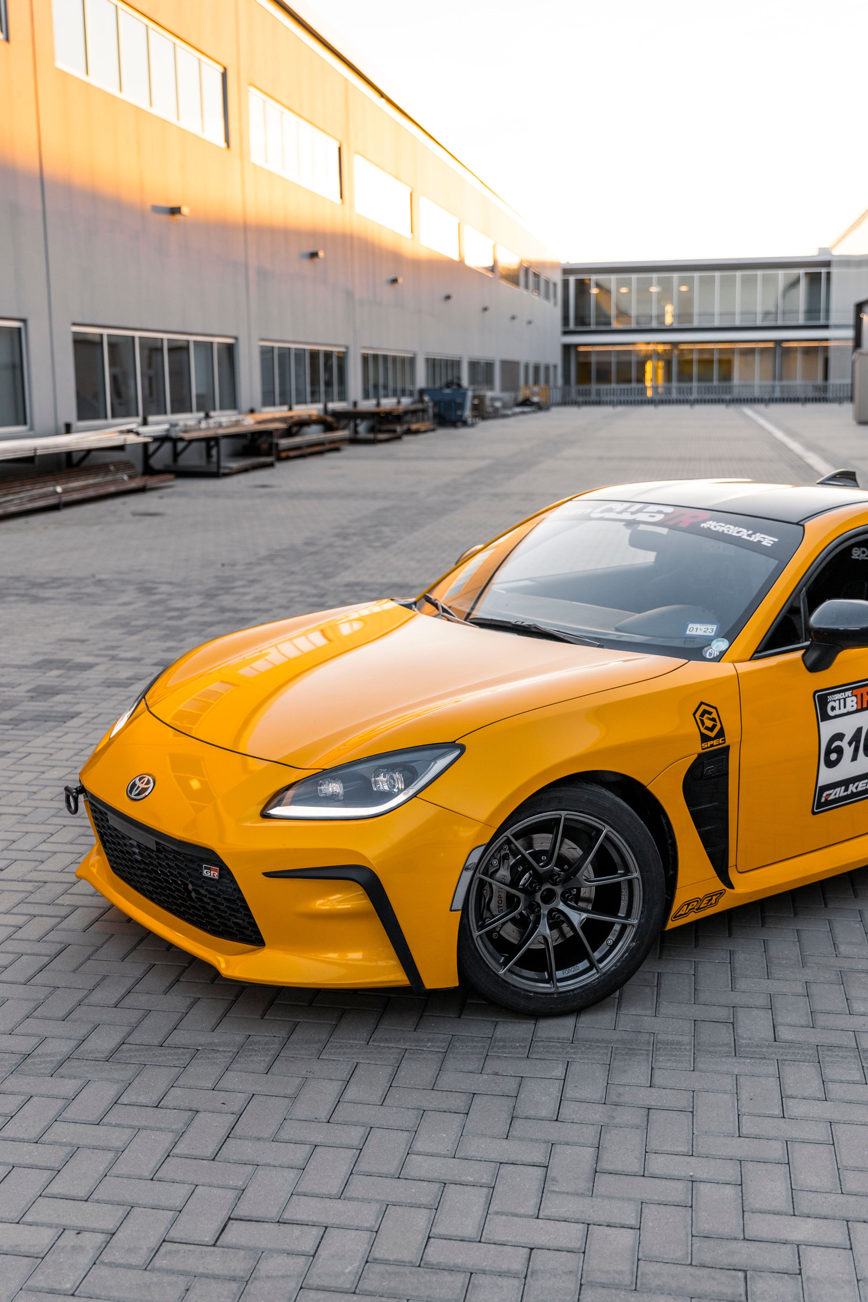 Yellow Toyota GR86 with 17" VS-5RS Apex wheels in Anthracite