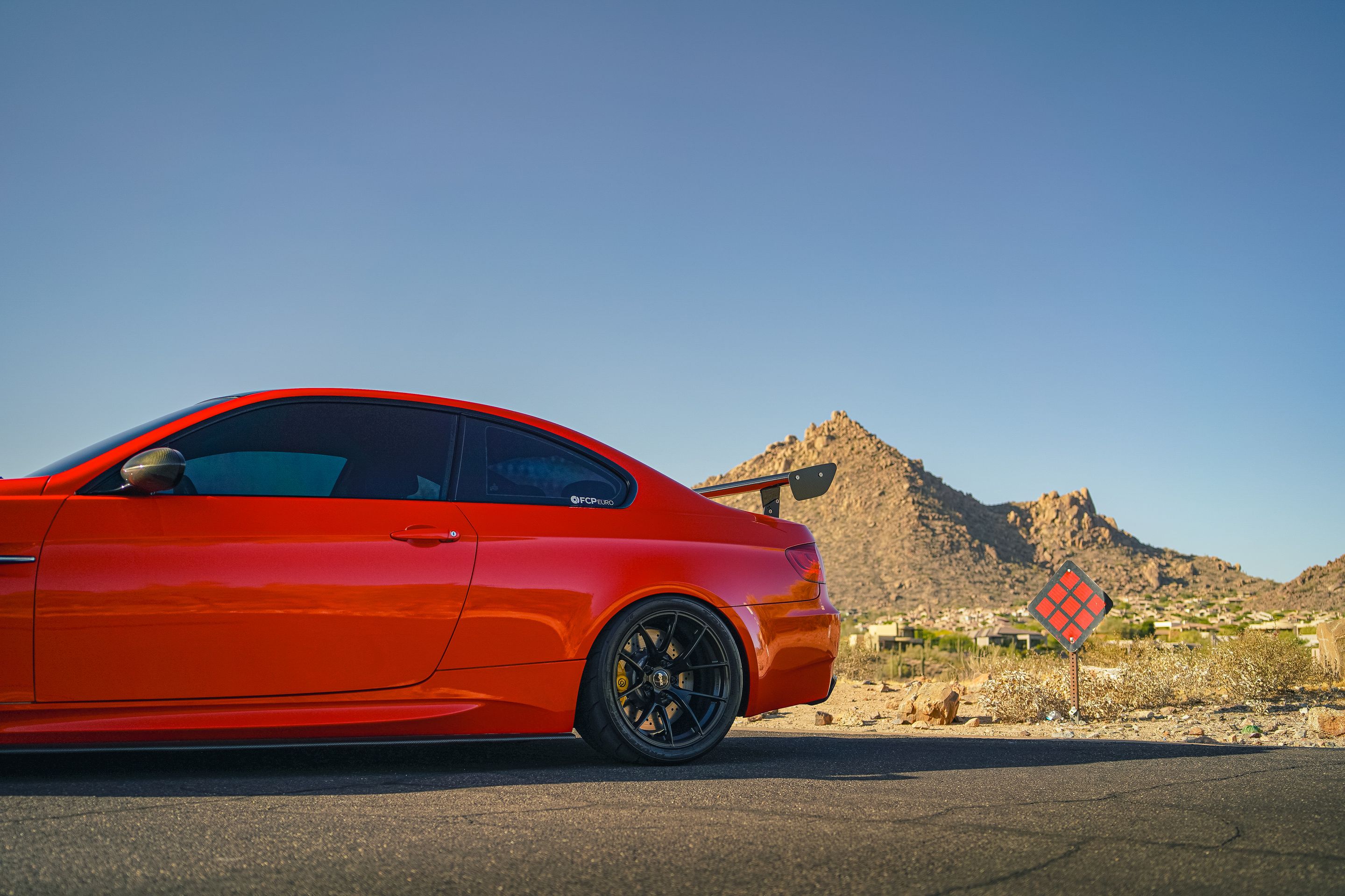 Red BMW E92 Coupe M3 with 18" VS-5RS Apex wheels in Satin Black