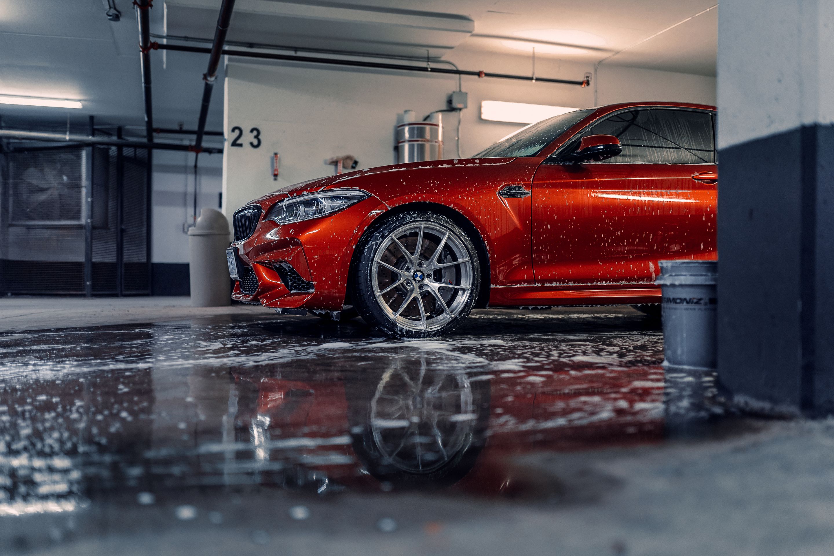 Orange BMW F87 M2 with 19" VS-5RS Apex wheels in Brushed Clear
