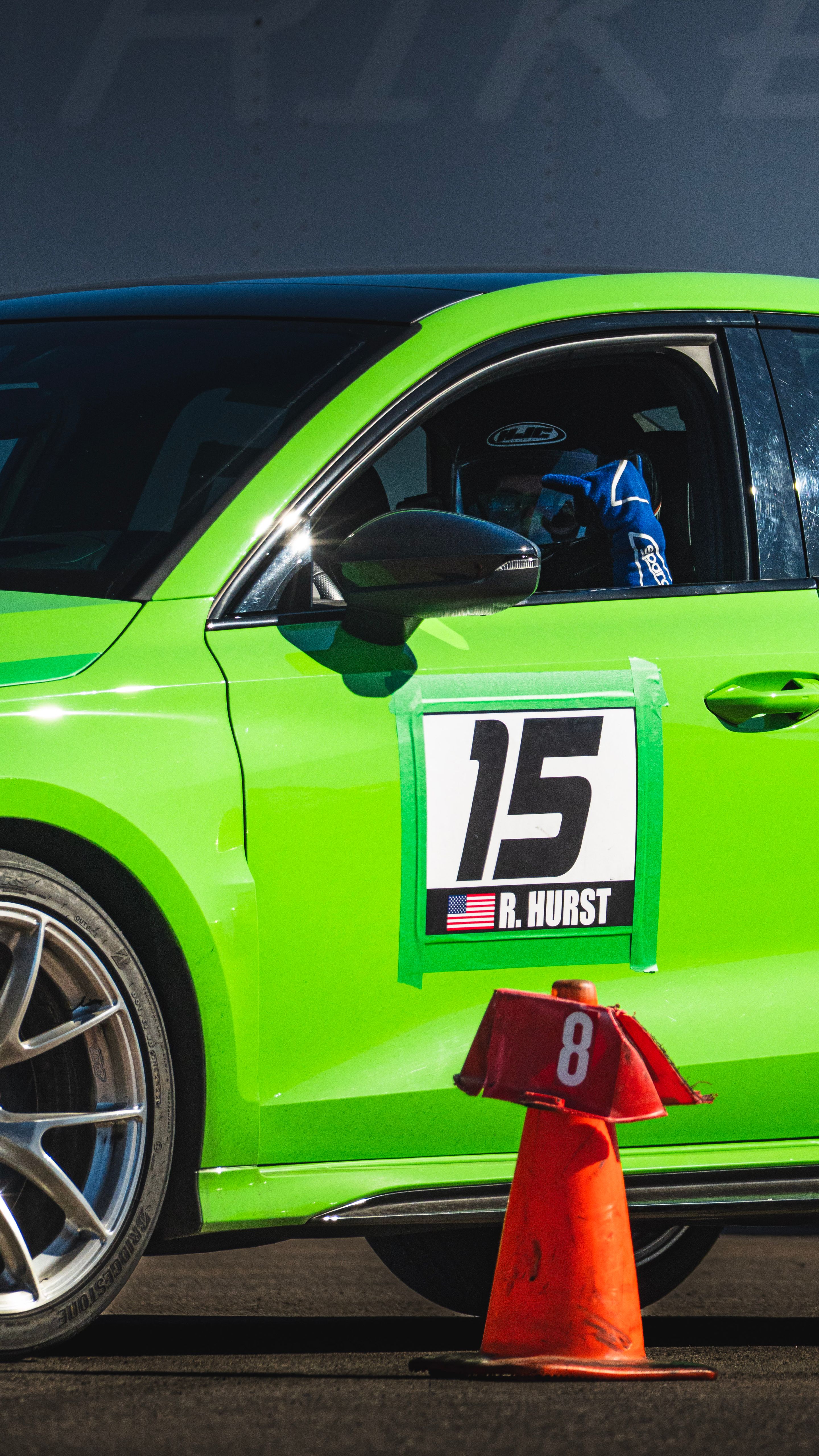 Green Audi 8Y RS 3 with 18" VS-5RS Apex wheels in Brushed Clear